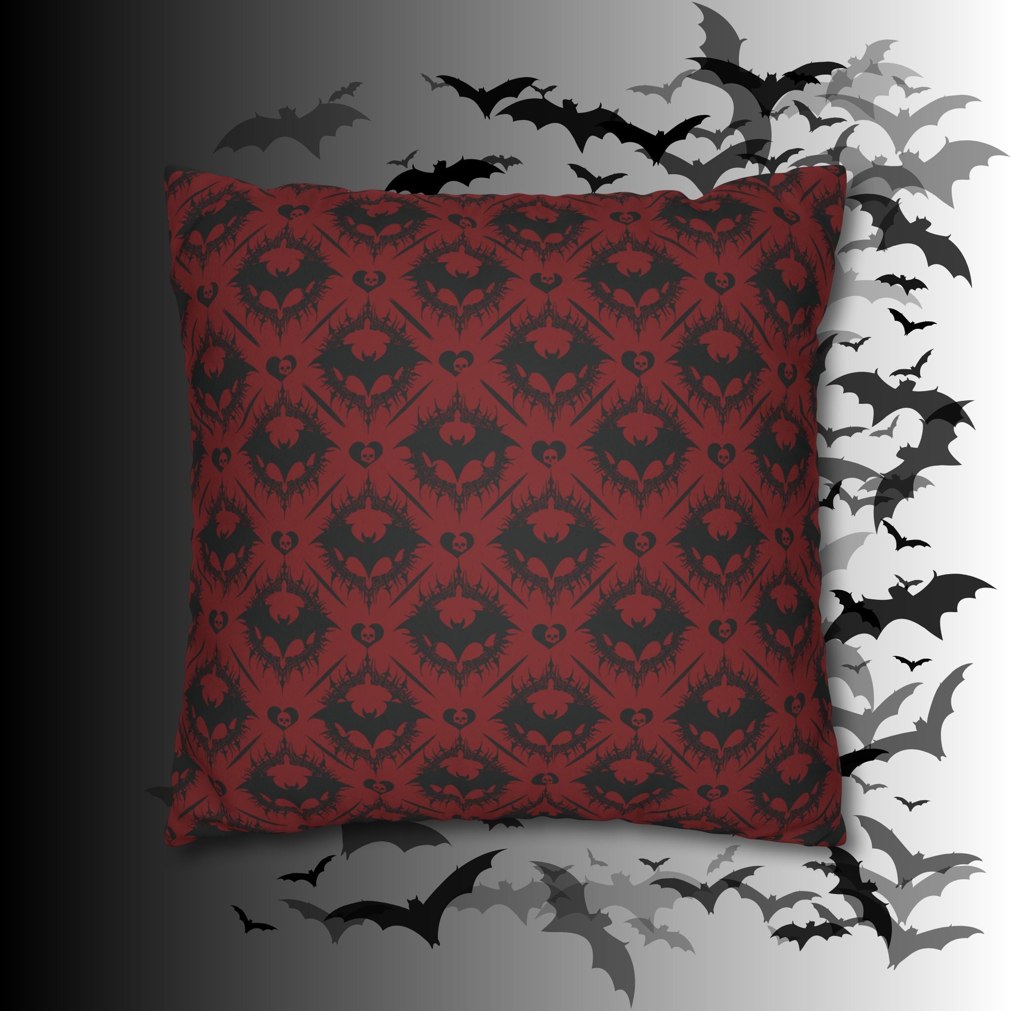 Gothic Bat Diamond Pattern Throw Pillow — Dark Red Damask Home Decor