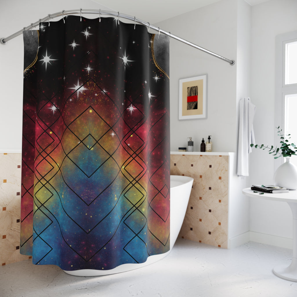Rainbow Galaxy Geometric Shower Curtain — Colorful Space Bathroom Decor