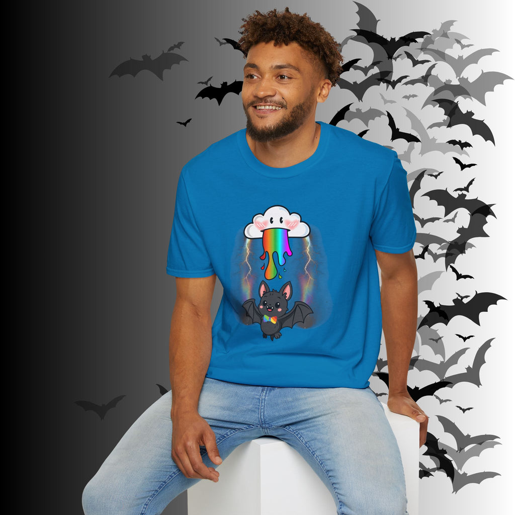 Rainbow Vomit Cloud Bat T-Shirt — Kawaii Goth Pride Unisex Tee