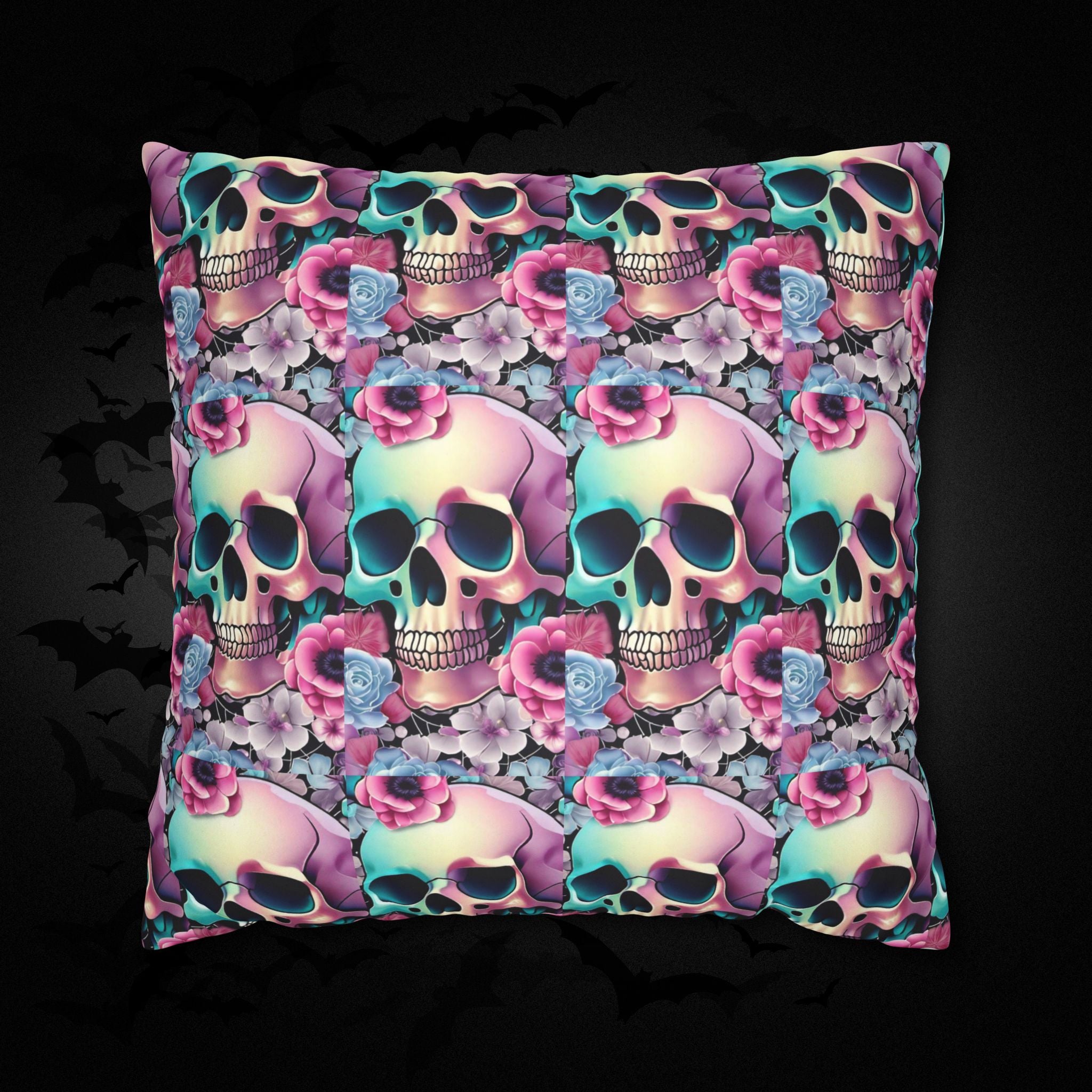 Pastel Goth Floral Skull Throw Pillow — Dark Floral Emo Home Decor