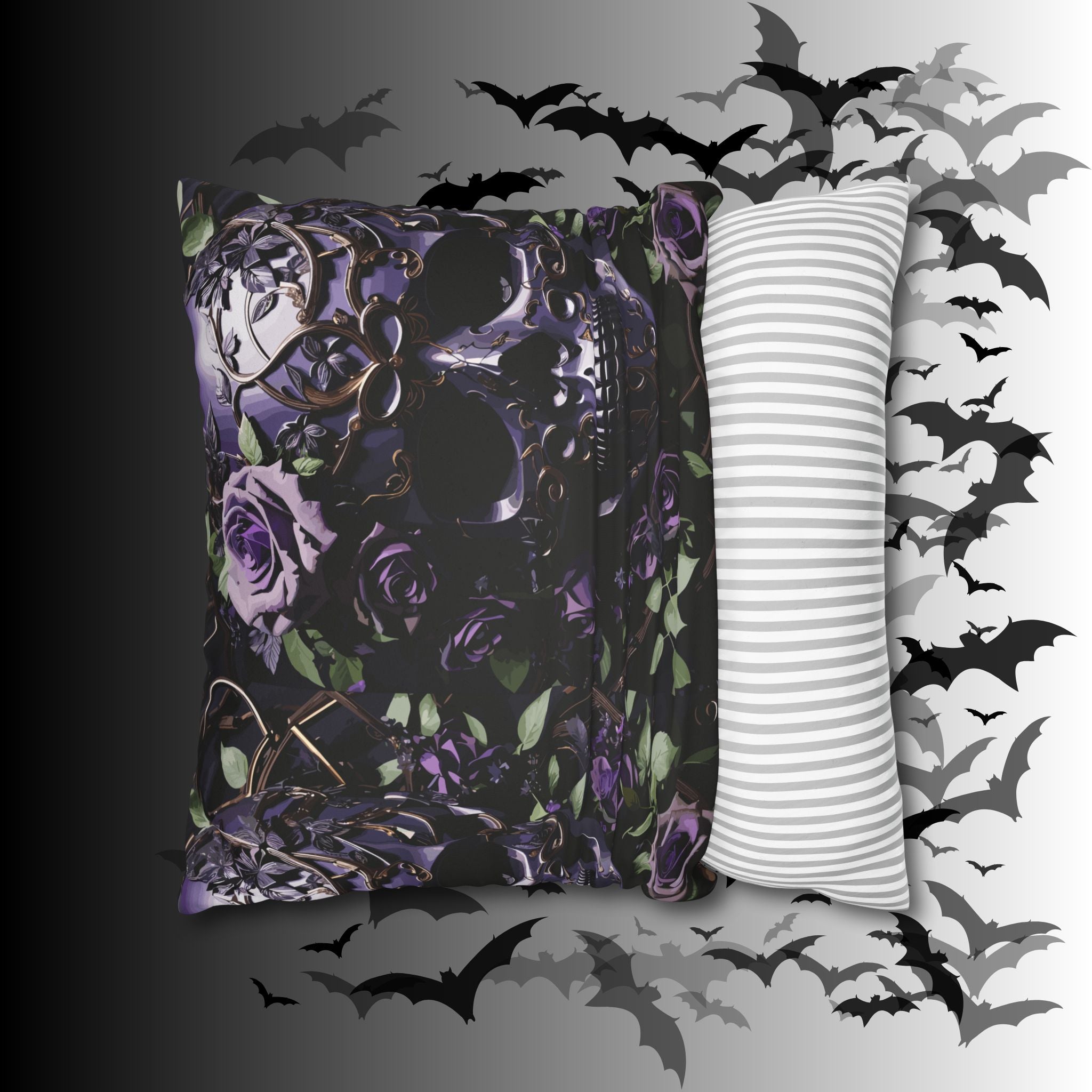 Gothic Black Purple Skull Throw Pillow — Dark Floral Botanical Home Decor