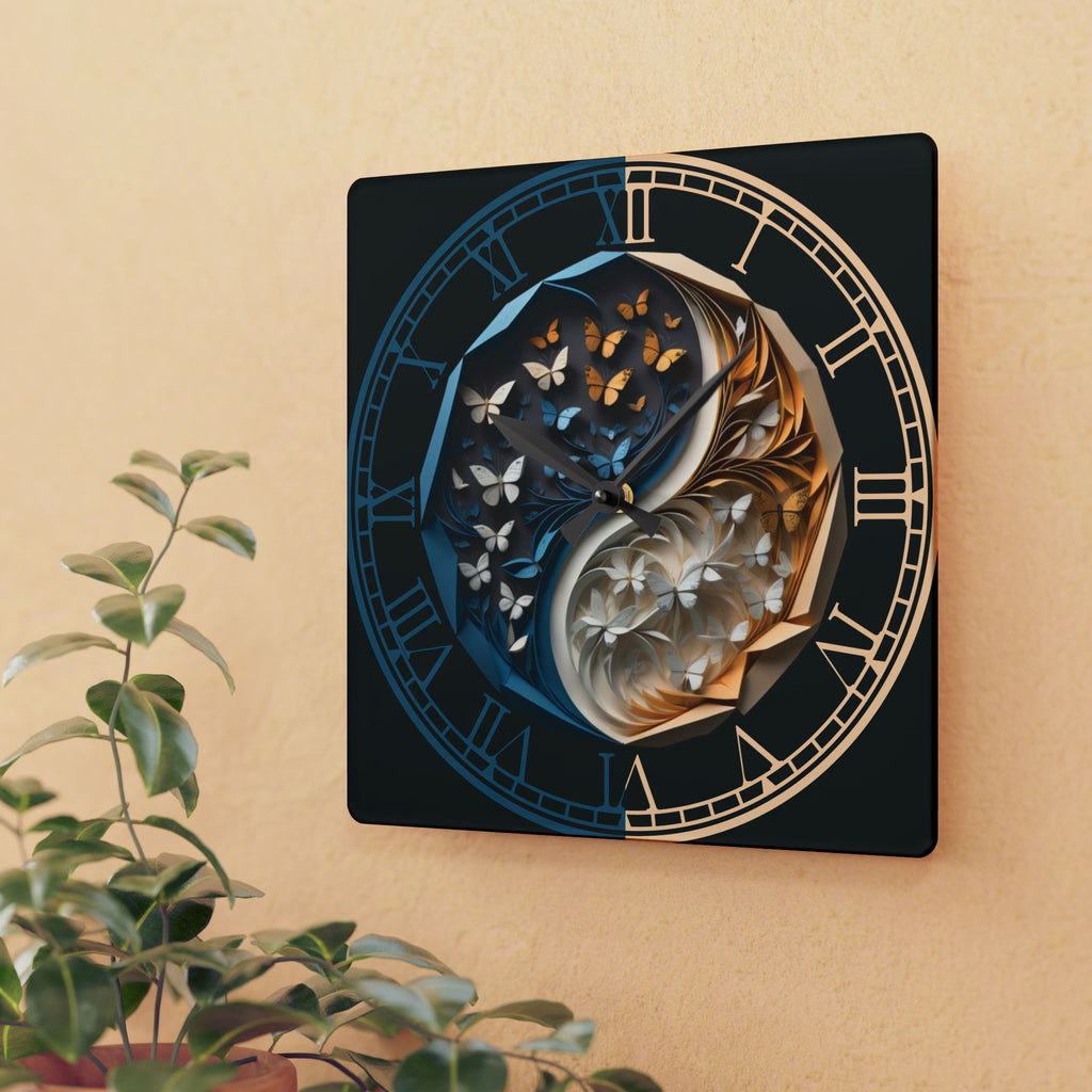 Origami Style Yin Yang Butterfly Acrylic Art Print Wall Clock Blue Gold — NOT Real Origami, Zen Home Decor