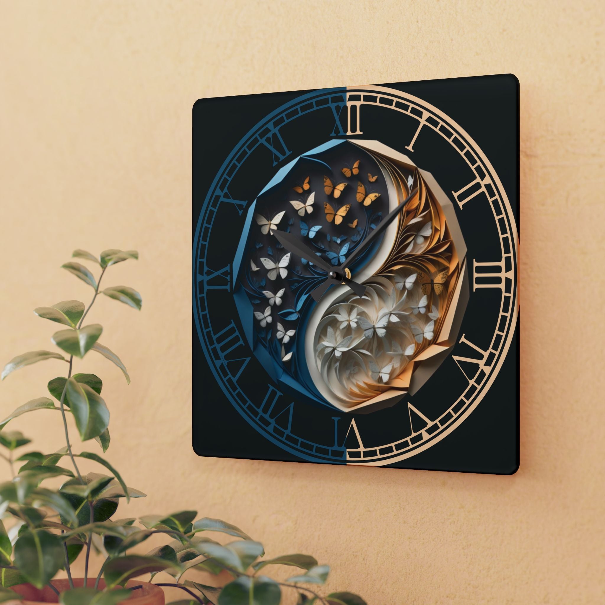 Origami Style Yin Yang Butterfly Acrylic Art Print Wall Clock Blue Gold — NOT Real Origami, Zen Home Decor