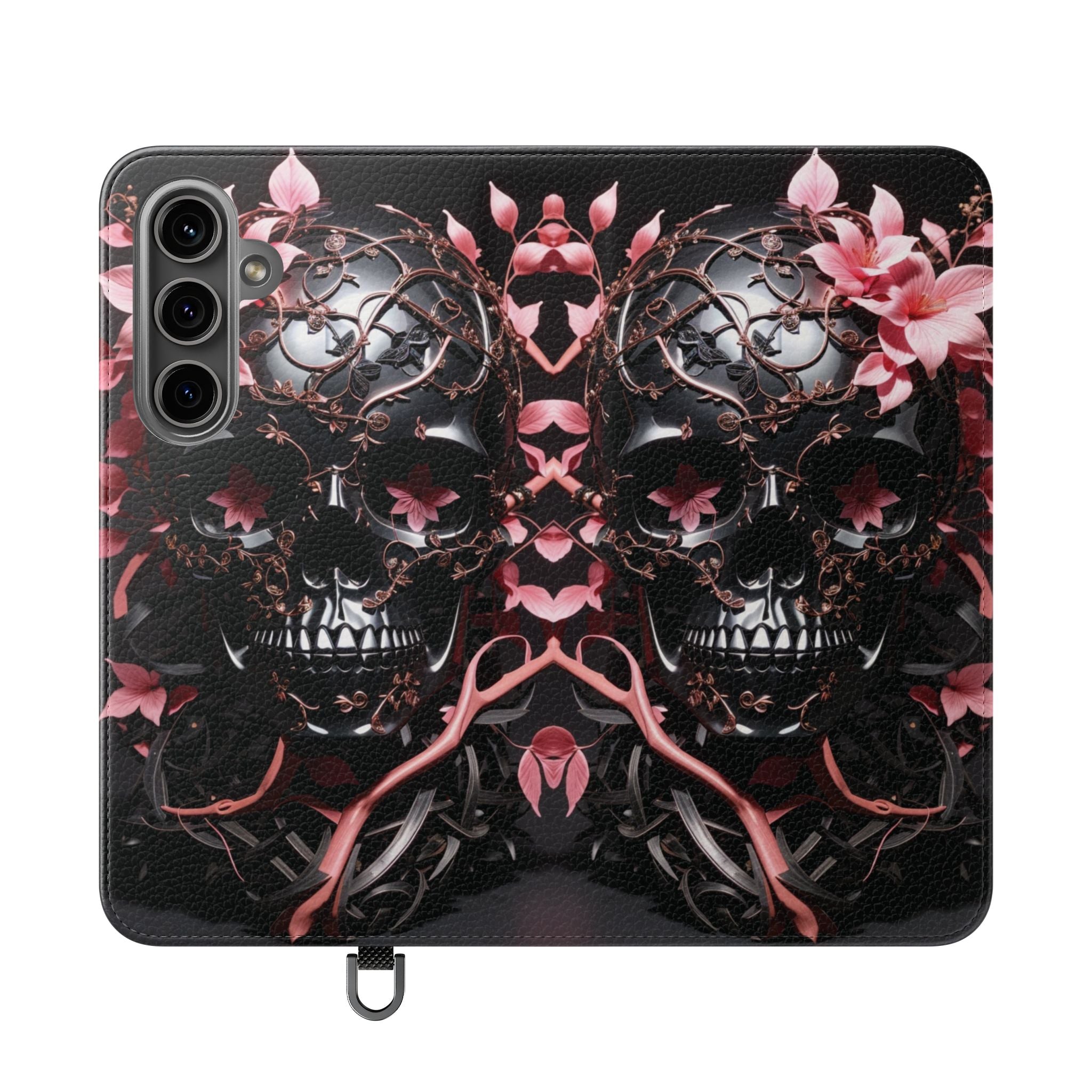 Pink Pastel Goth Skull Flip Wallet Phone Case - Skull Wallet Case for Samsung iPhone - Gothic Style Skull Wallet Phone Cases