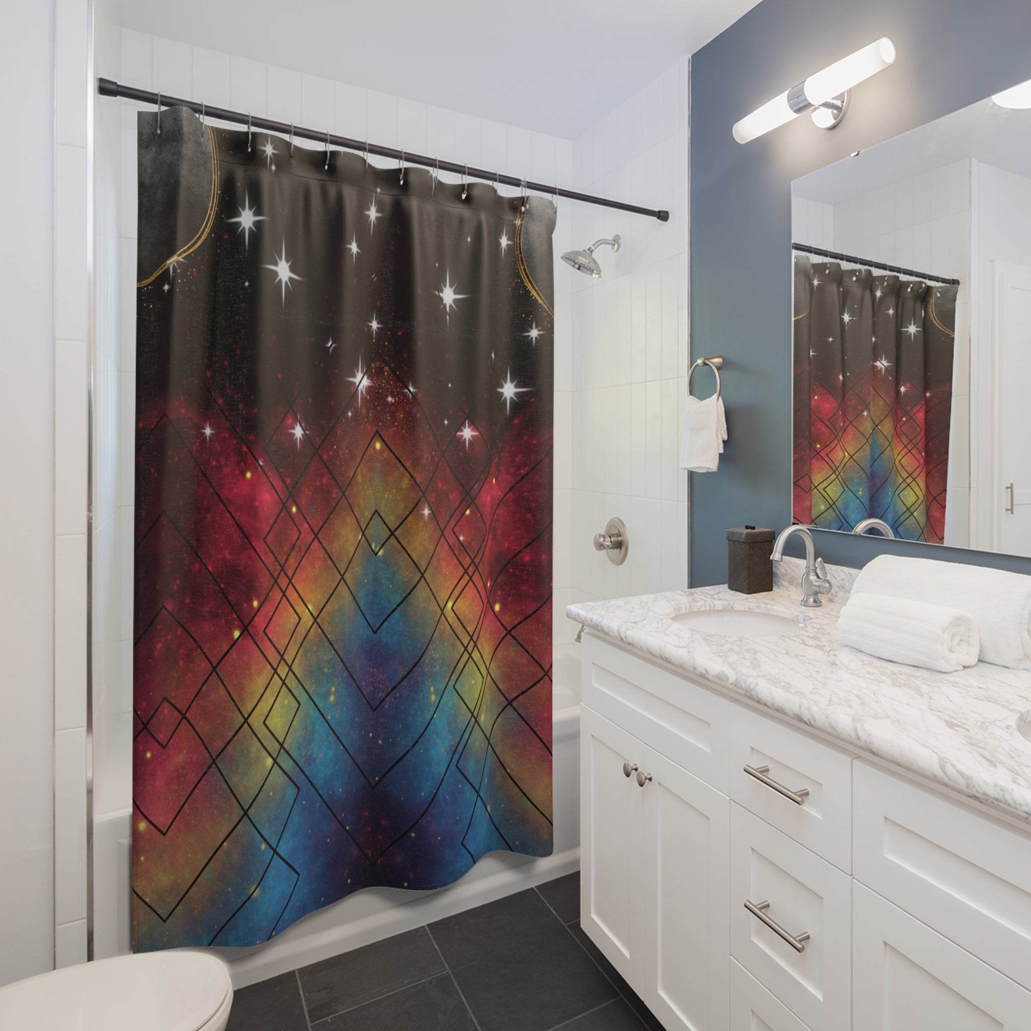 Shower curtain with nebula galaxy gradient in blue, amber, and crimson with white star bursts, gold crescent moon, and black geometric diamond grid overlay