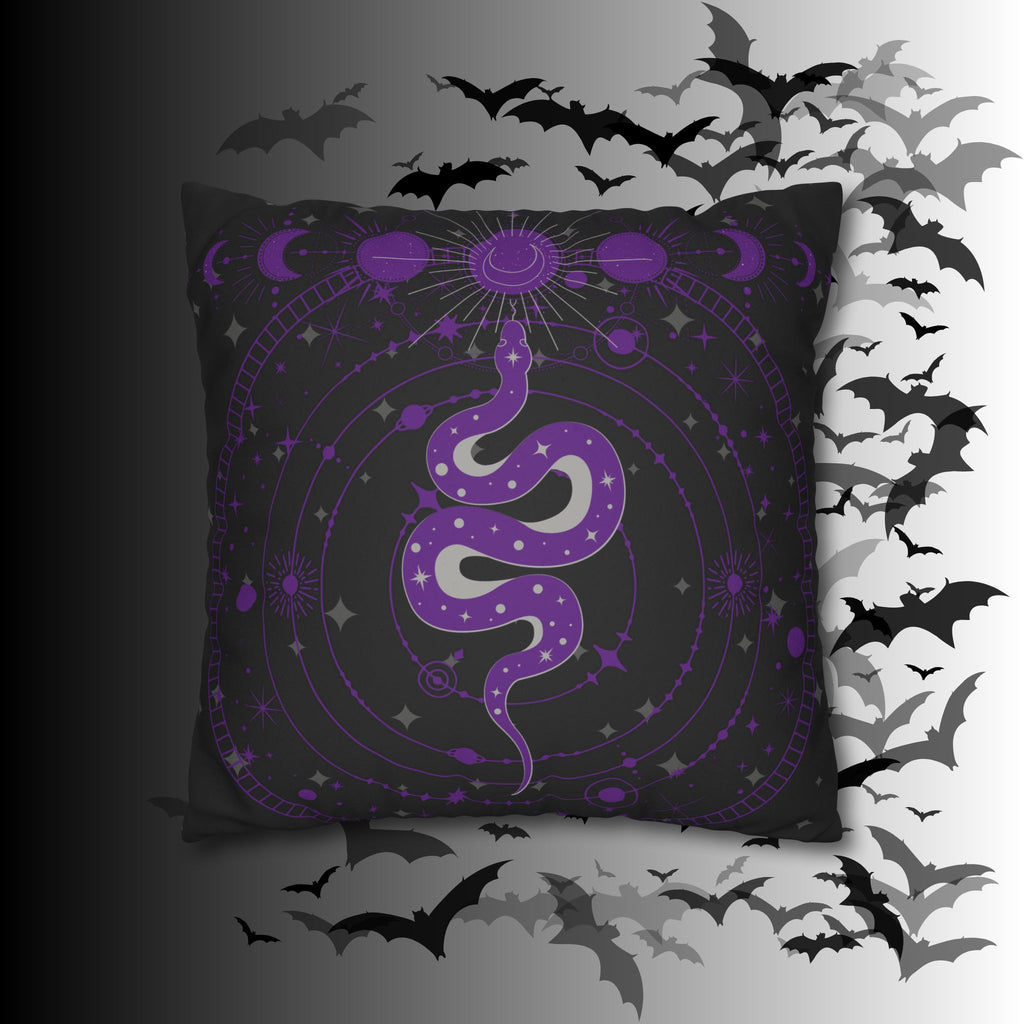 Purple Celestial Snake Moon Phases Throw Pillow — Witchy Gothic Dark Home Decor