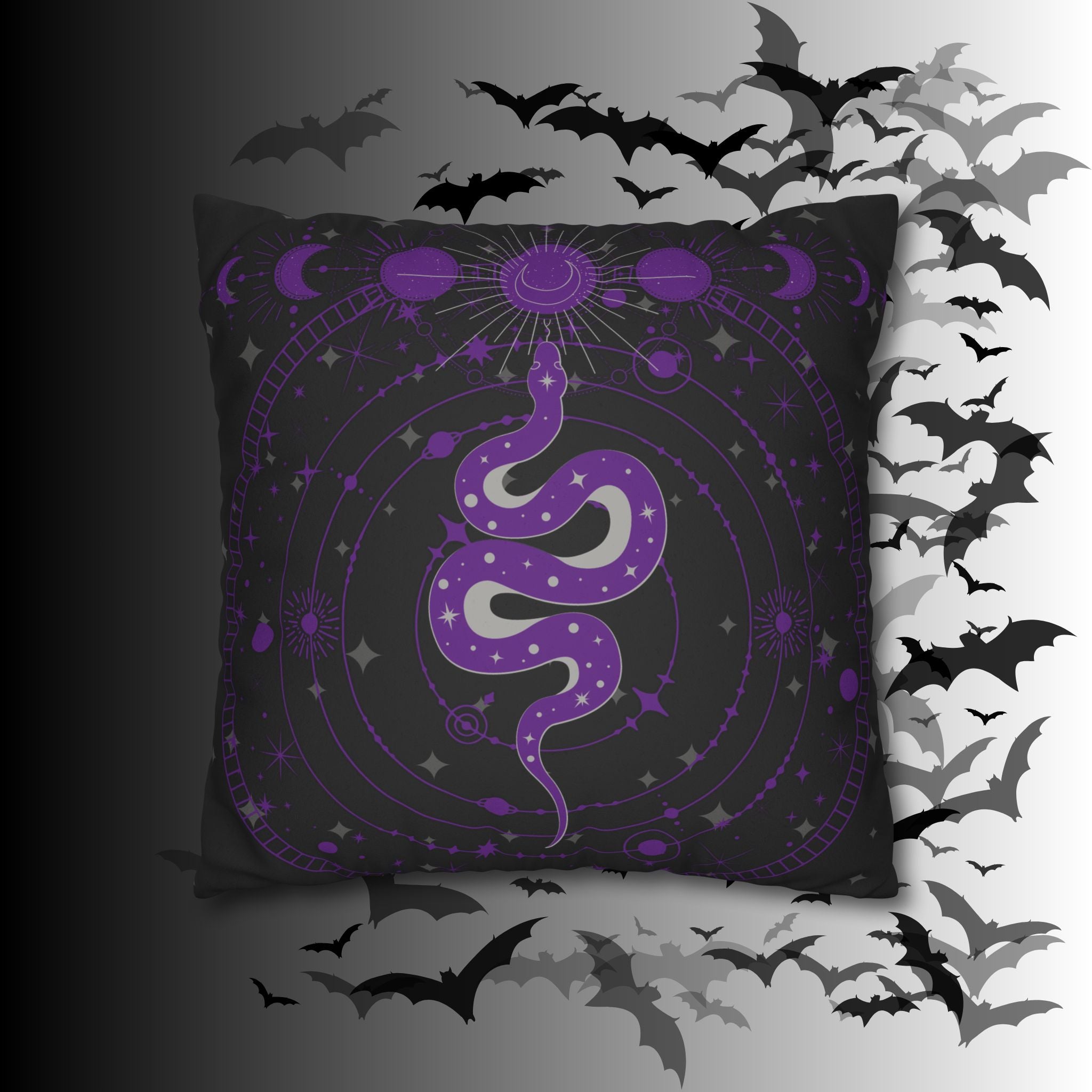 Purple Celestial Snake Moon Phases Throw Pillow — Witchy Gothic Dark Home Decor