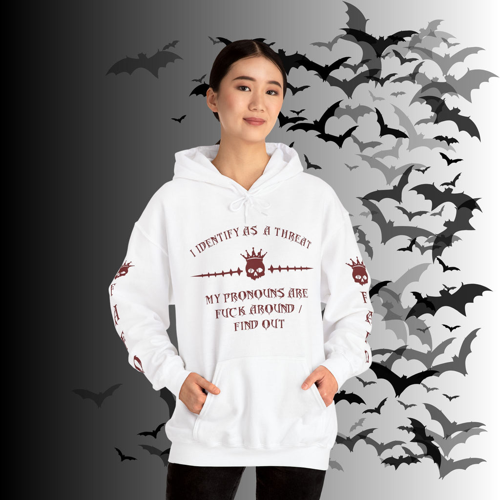 I Identify As a Threat Hoodie — Gothic Skull Sleeve Print Fuck Around Find Out