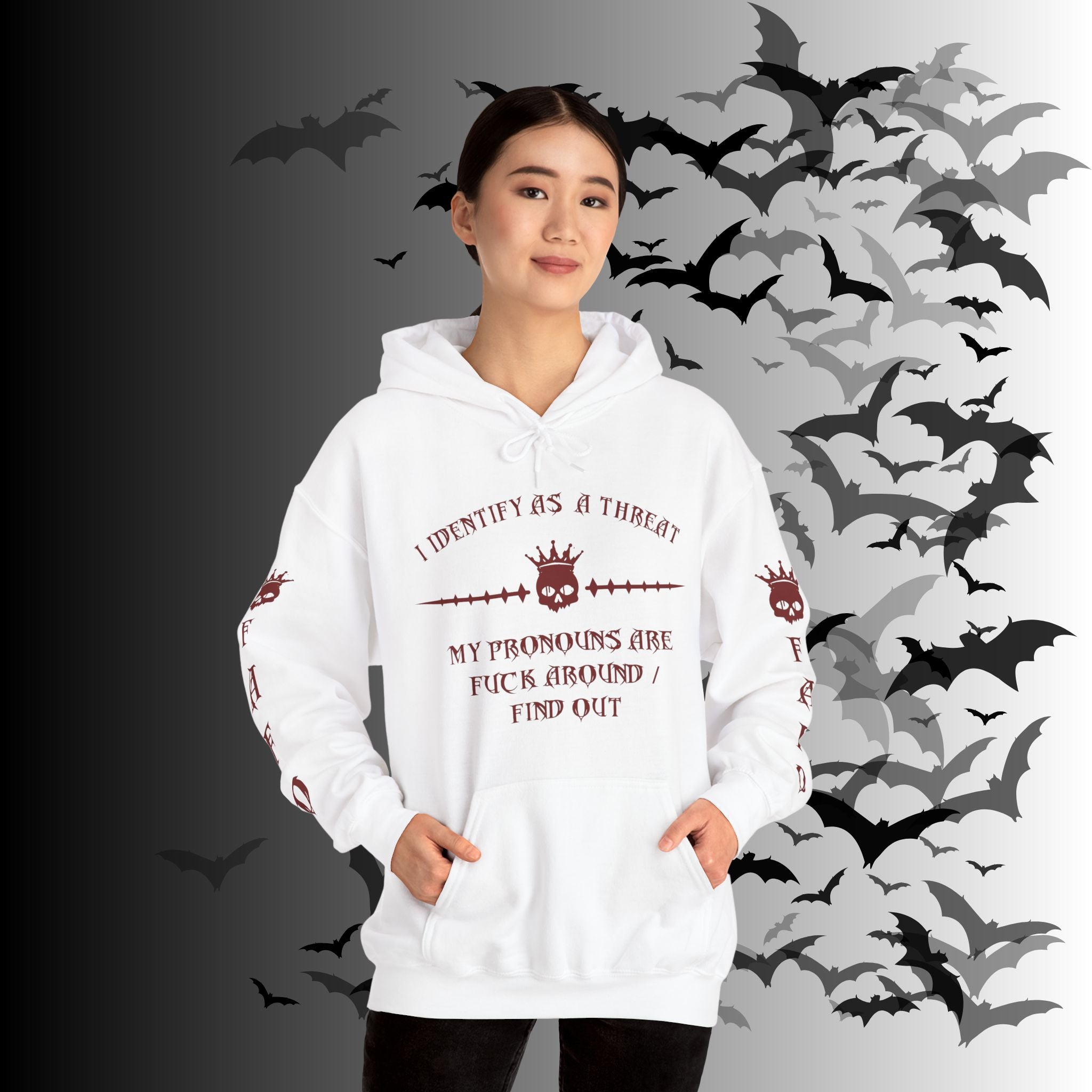I Identify As a Threat Hoodie — Gothic Skull Sleeve Print Fuck Around Find Out