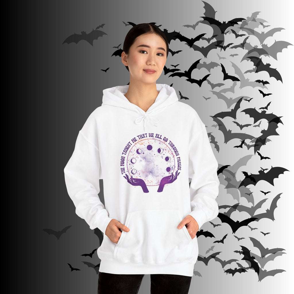 The Moon Taught Me We All Go Through Phases Hoodie — Witchy Moon Phase Pullover