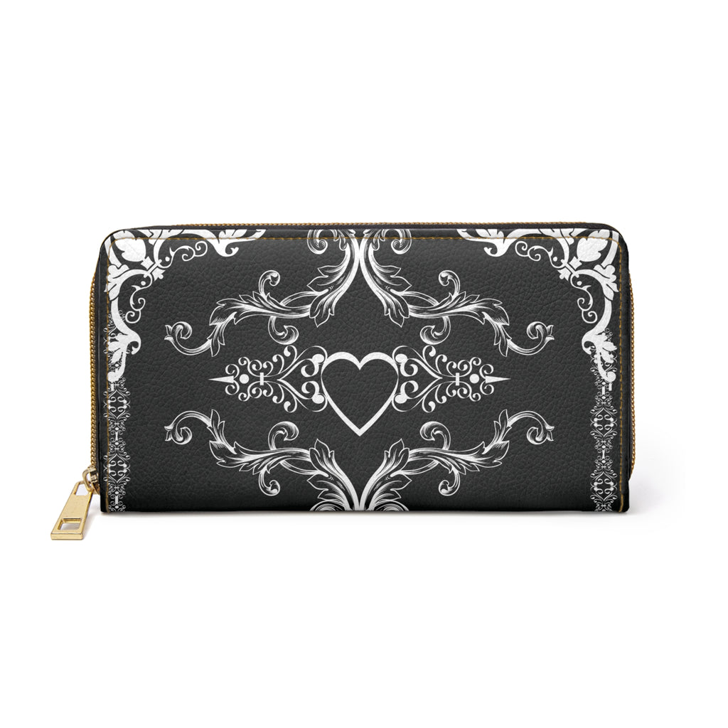 Gothic Floral Heart Wallet | Black & White Scrollwork Faux Leather Zipper Clutch