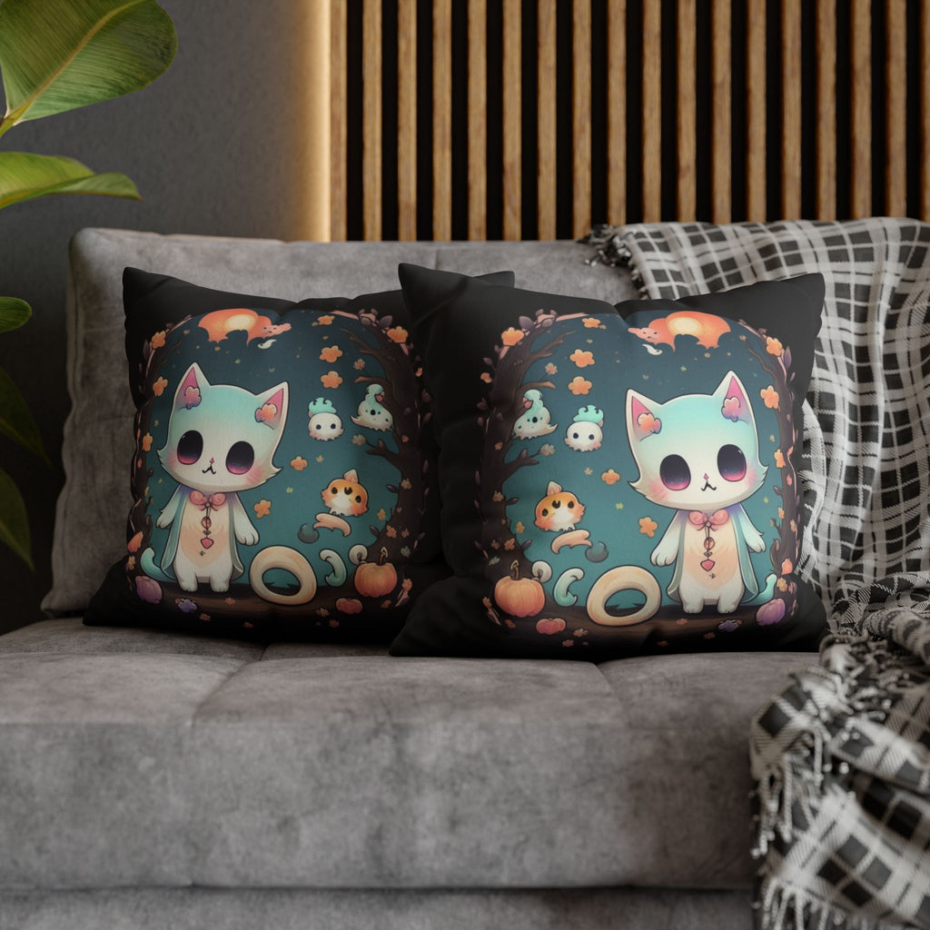 Creepy Cute Pastel Goth Cat Throw Pillow — Kawaii Halloween Dark Home Decor