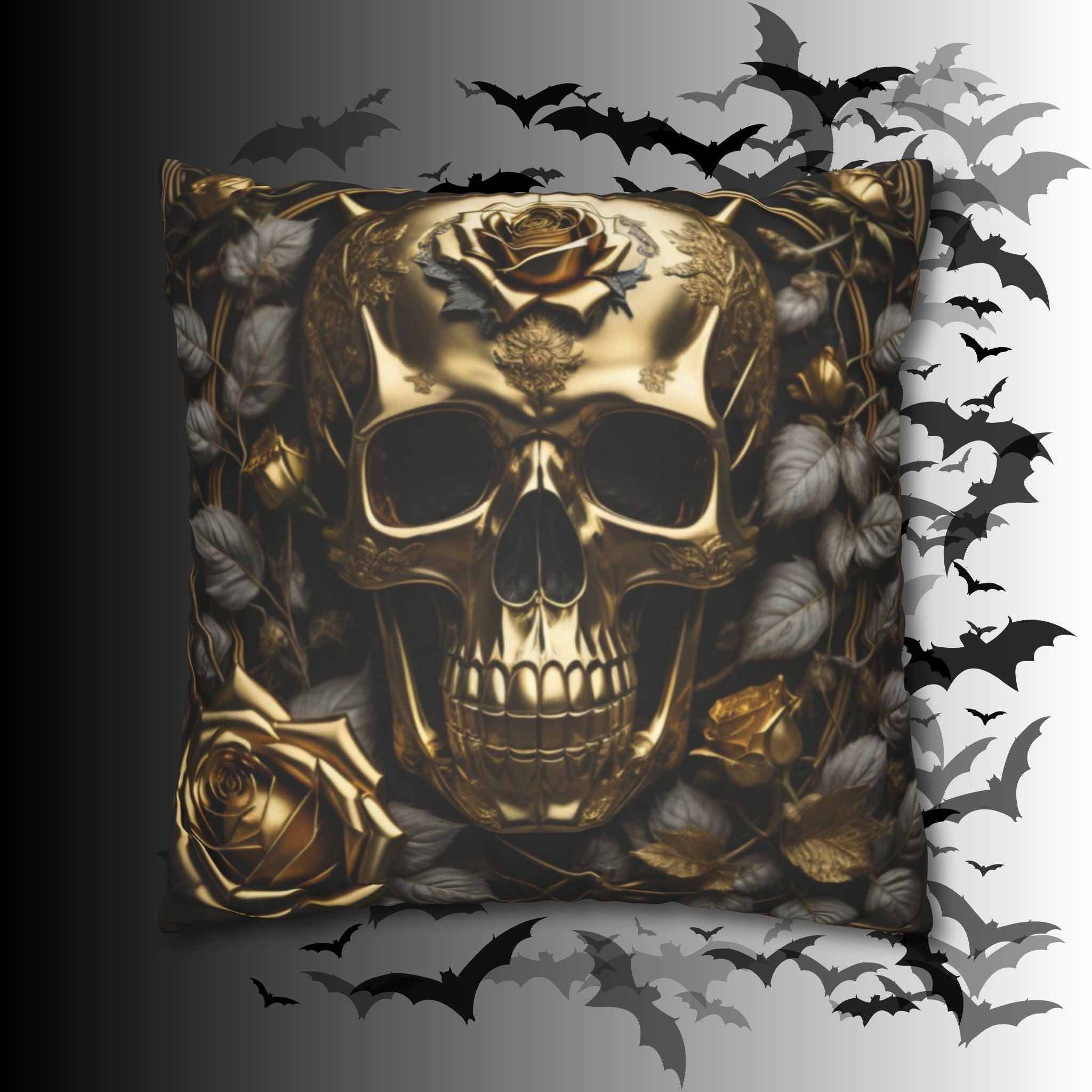 Gothic Gold Black Rose Skull Throw Pillow — Dark Floral Botanical Home Decor