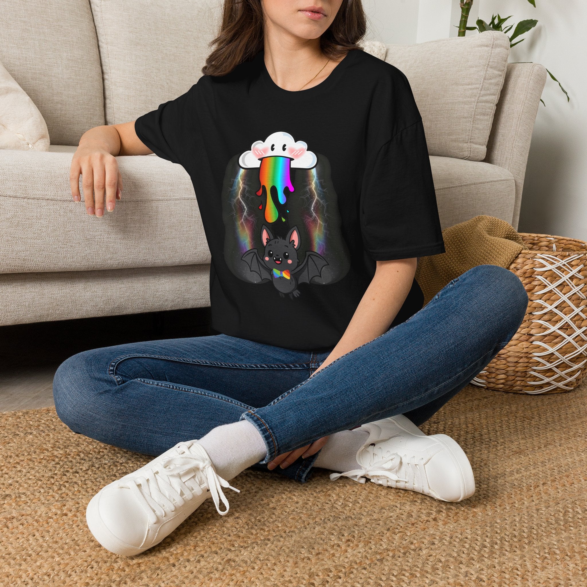 Rainbow Vomit Cloud Bat T-Shirt — Kawaii Goth Pride Unisex Tee
