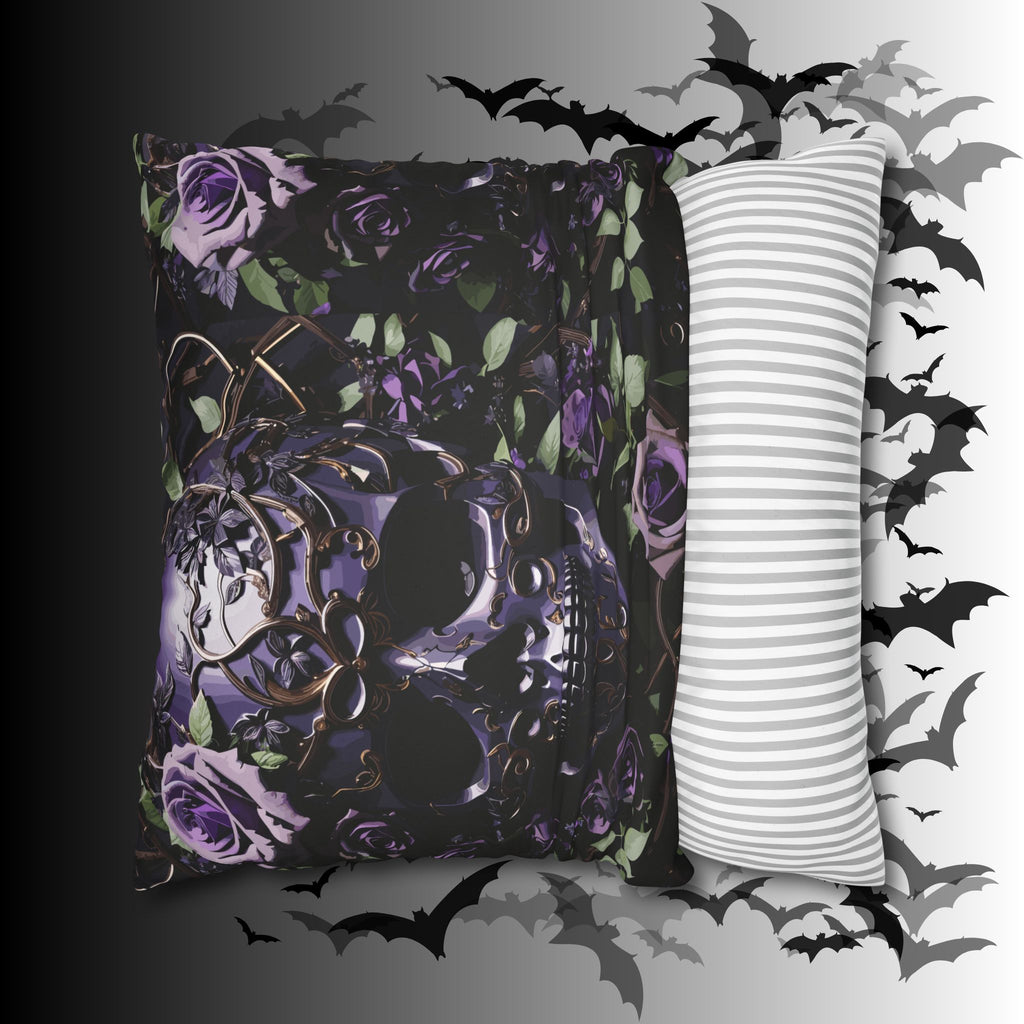 Gothic Black Purple Skull Throw Pillow — Dark Floral Botanical Home Decor