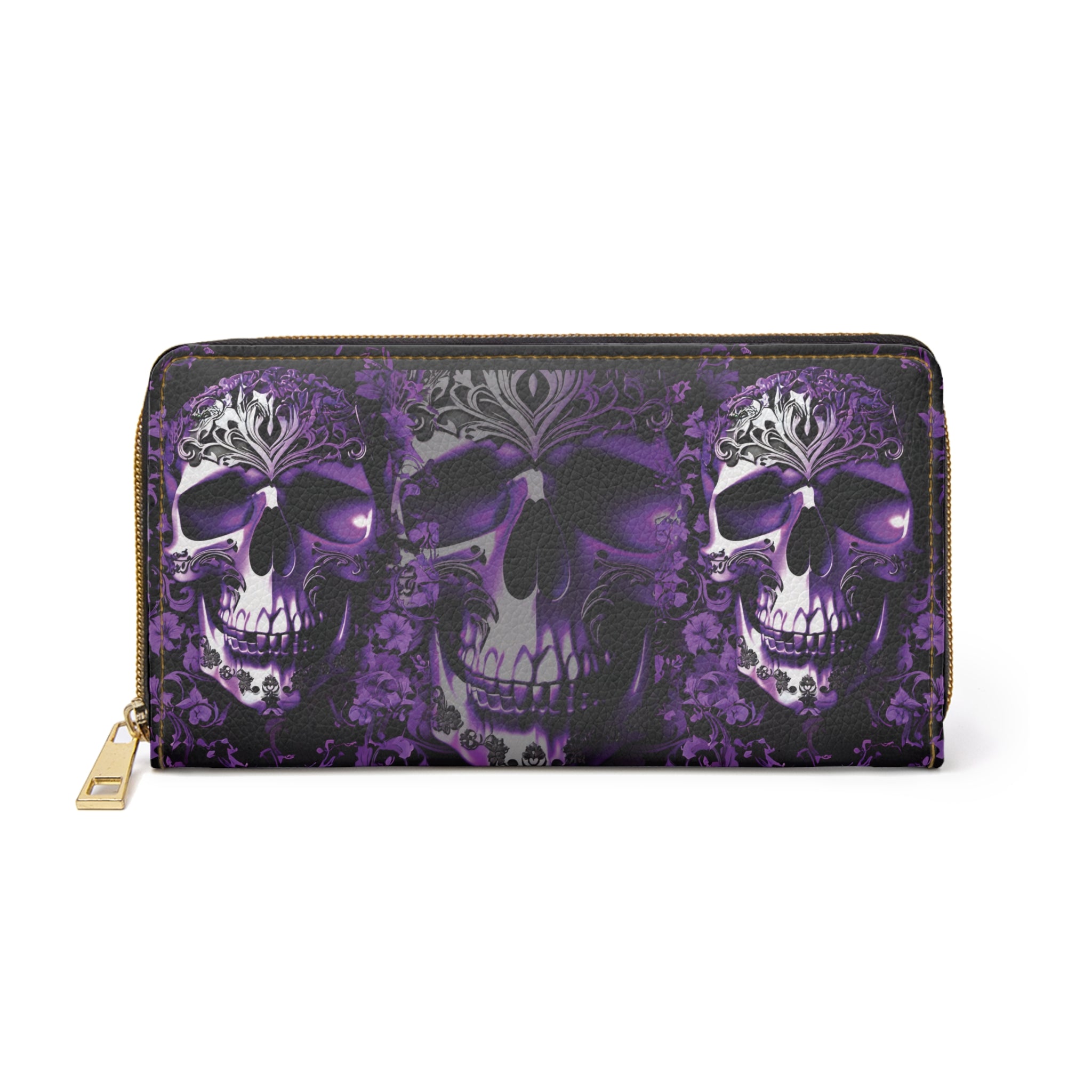 Gothic Purple Skull Floral Wallet | Dark Academia Faux Leather Zipper Clutch