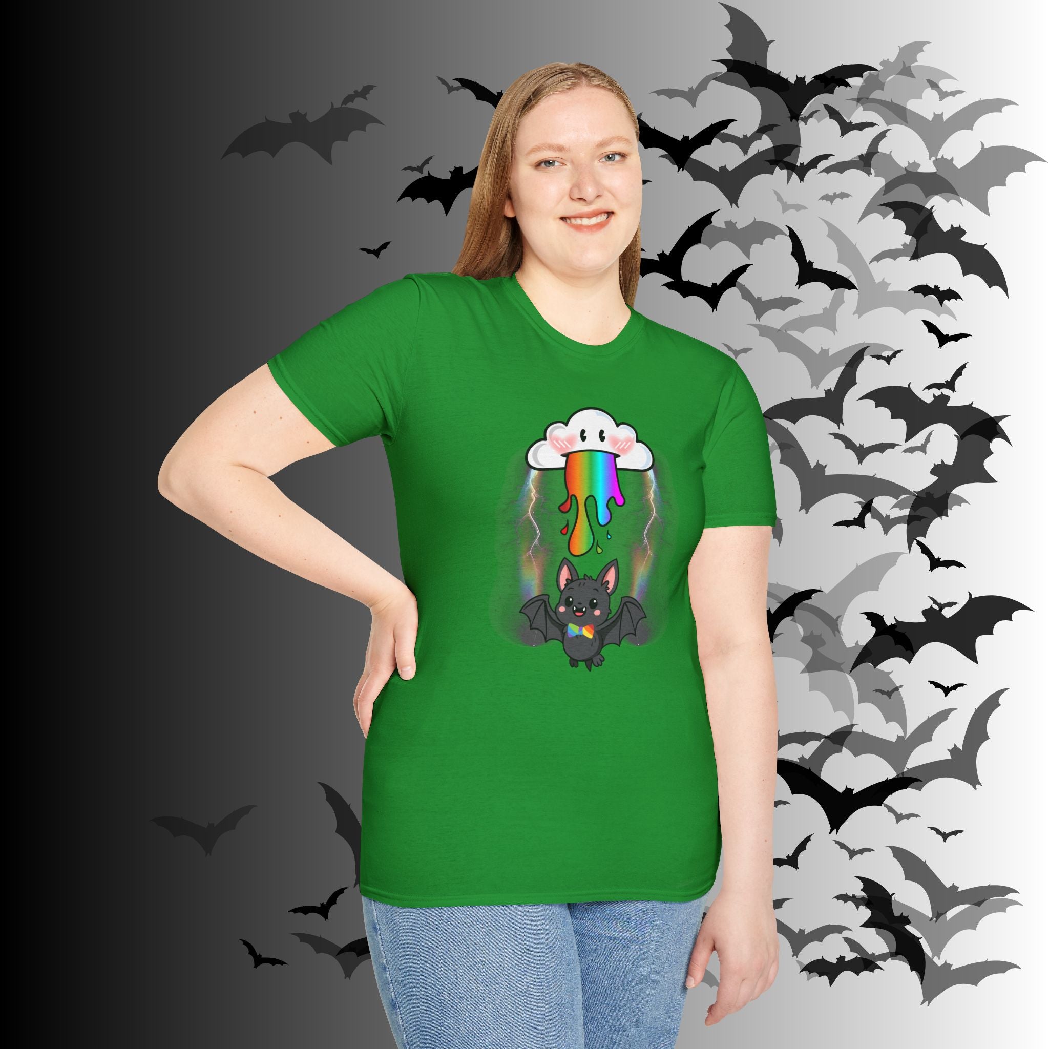 Rainbow Vomit Cloud Bat T-Shirt — Kawaii Goth Pride Unisex Tee