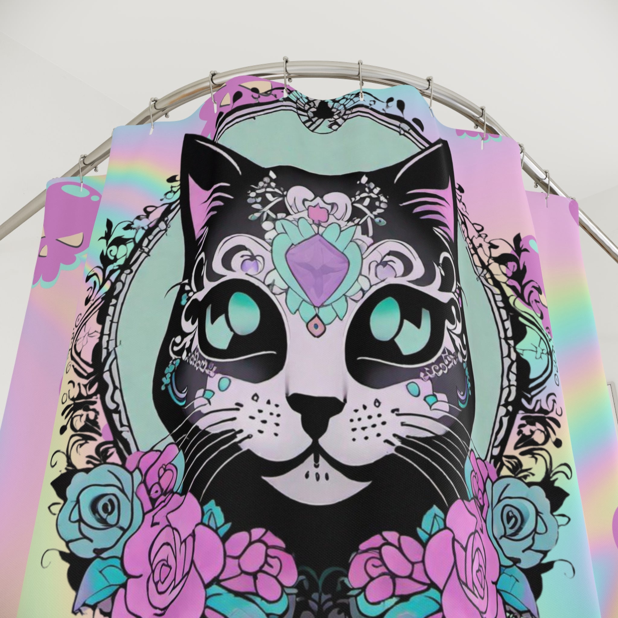 Pastel Goth Cat Shower Curtain — Kawaii Sugar Skull Cat Rainbow Bathroom Decor