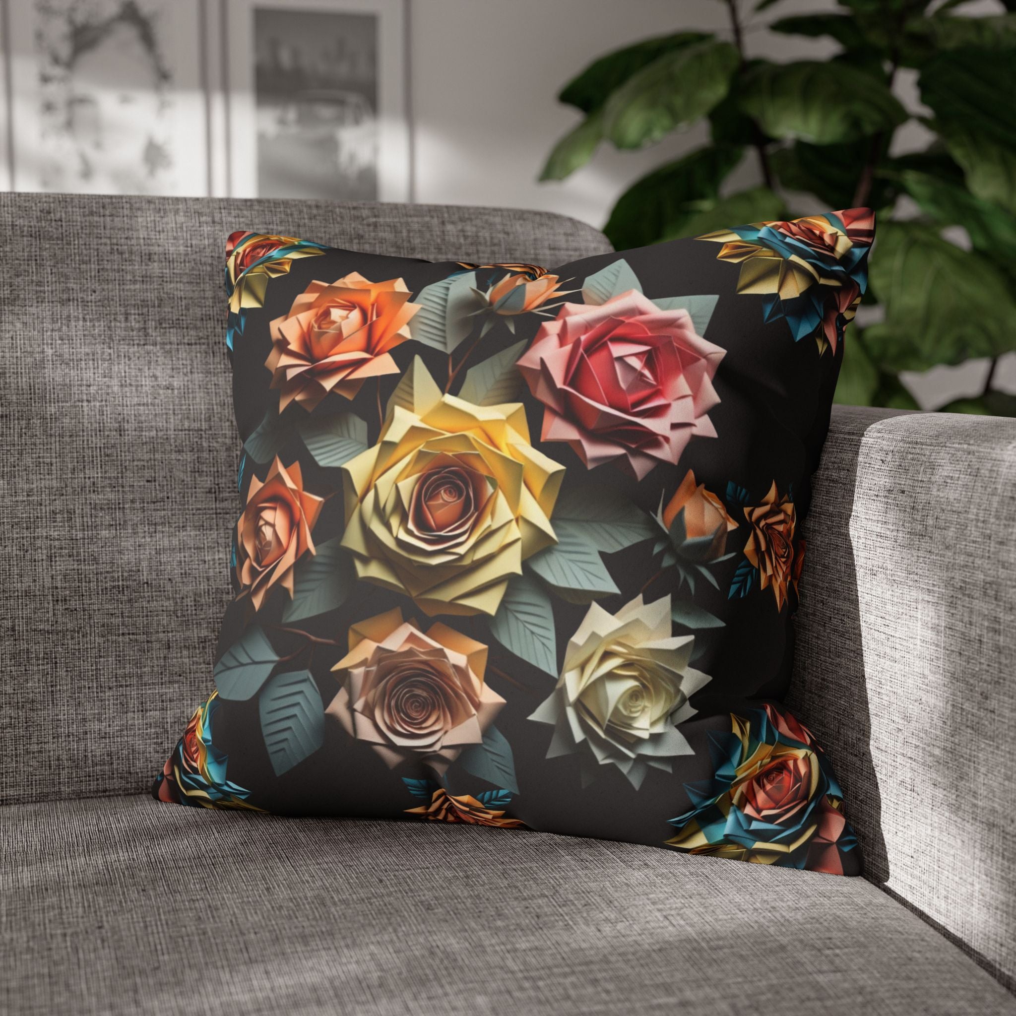 Gothic Origami Rose Throw Pillow — Dark Floral Botanical Home Decor