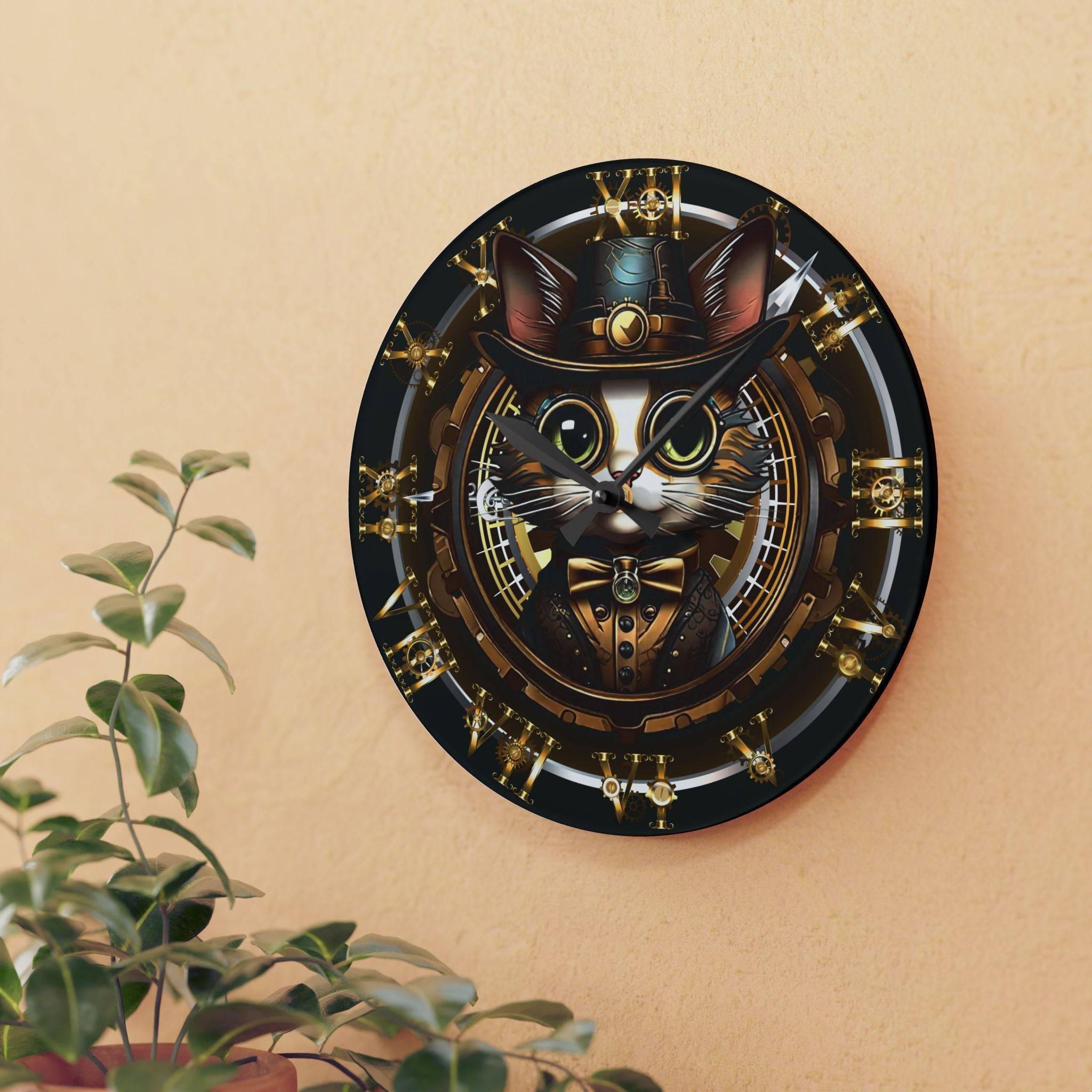 Round acrylic wall clock featuring a wide-eyed tabby cat in a brass-fitted leather top hat and gold bow tie waistcoat centered inside a ring of golden gears and Roman numerals on a deep black background with black hour and minute hands