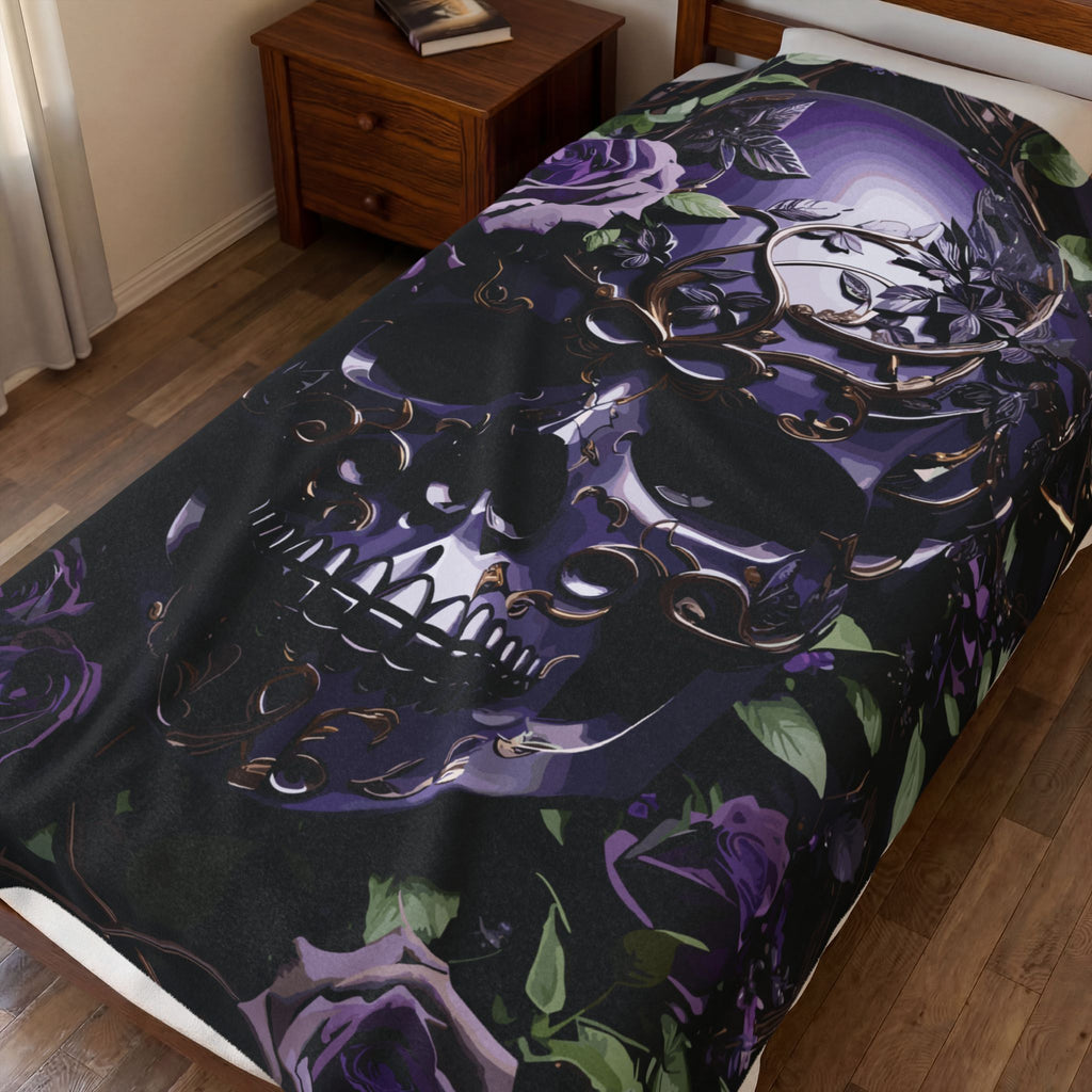 Gothic Black & Purple Botanical Skull Throw Blanket — Dark Floral Home Decor