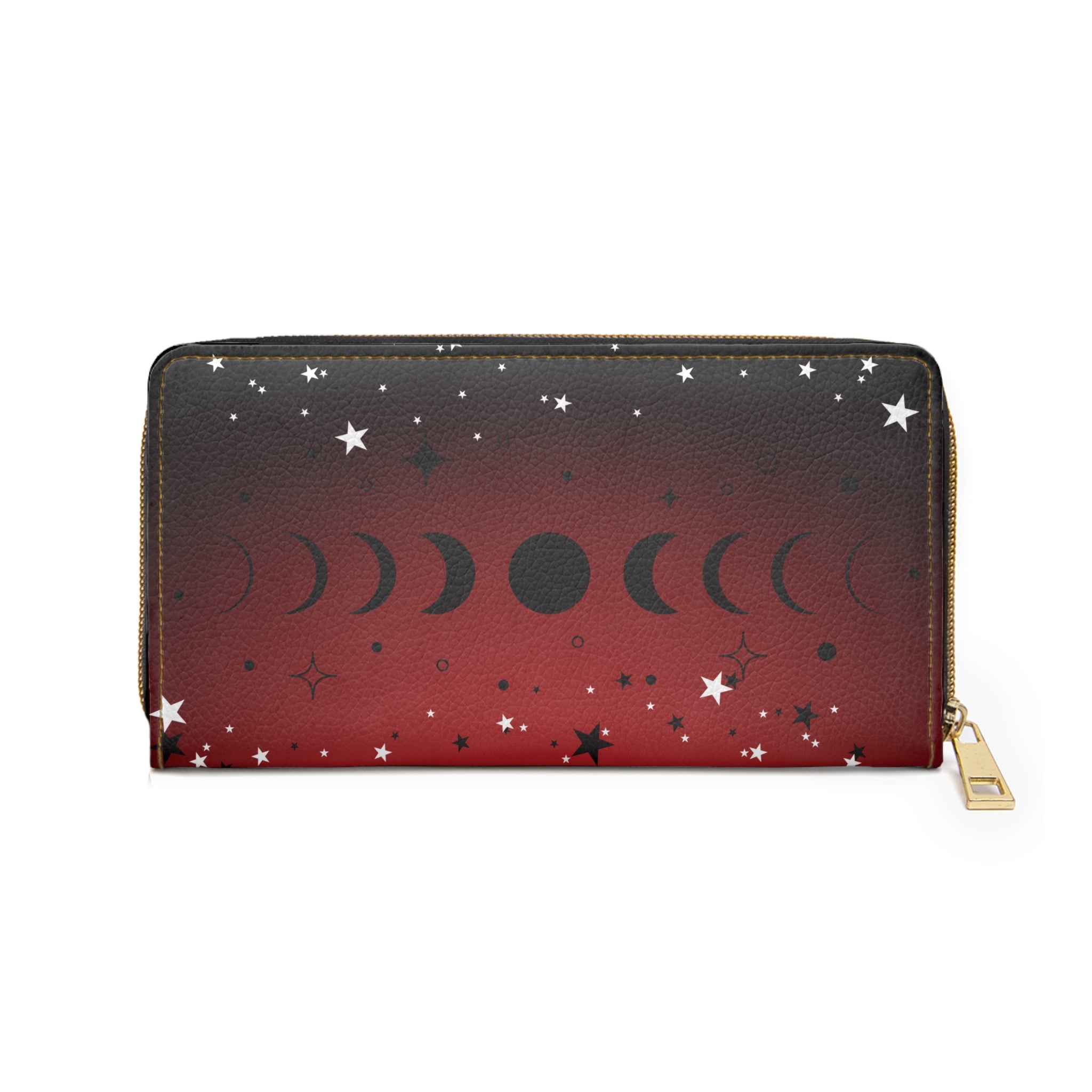 Gothic Moon Phase Wallet | Crimson Dark Academia Faux Leather Zipper Clutch
