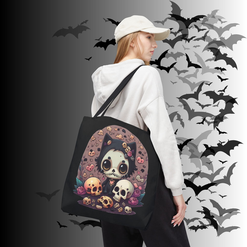 Kawaii Skull Cat Tote Bag — Gothic Cute Skull Illustration