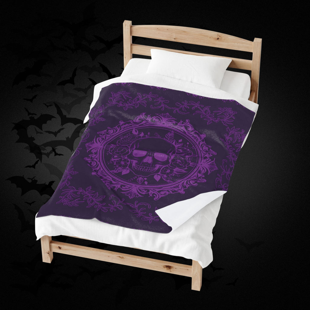 Gothic Purple Skull Botanical Throw Blanket — Tonal Dark Elegance