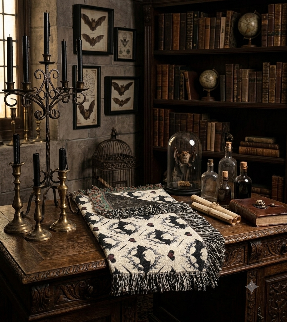 Gothic Bat Pattern Woven Cotton Throw Blanket — Fringe Bat Home Decor