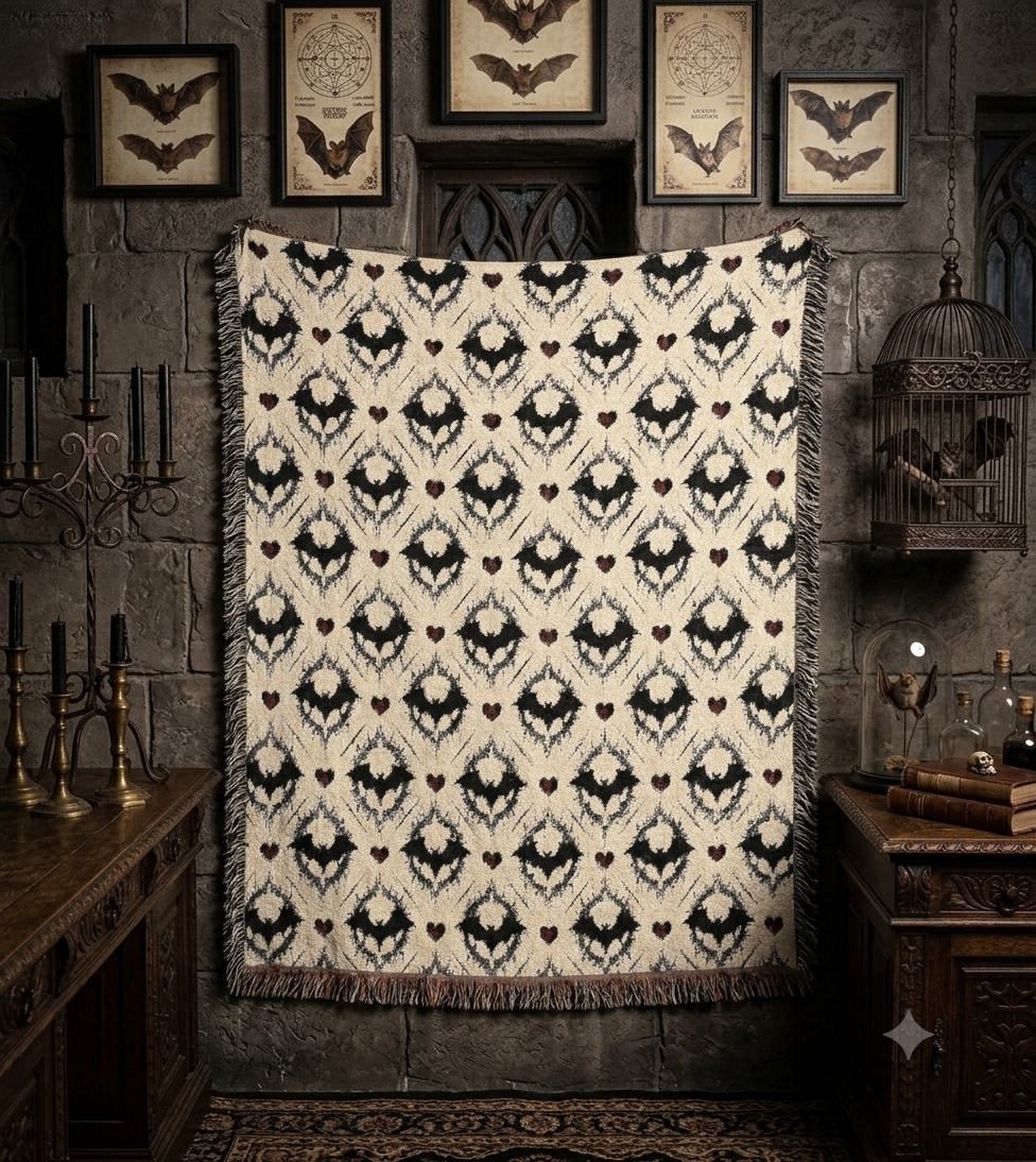 Gothic Bat Pattern Woven Cotton Throw Blanket — Fringe Bat Home Decor