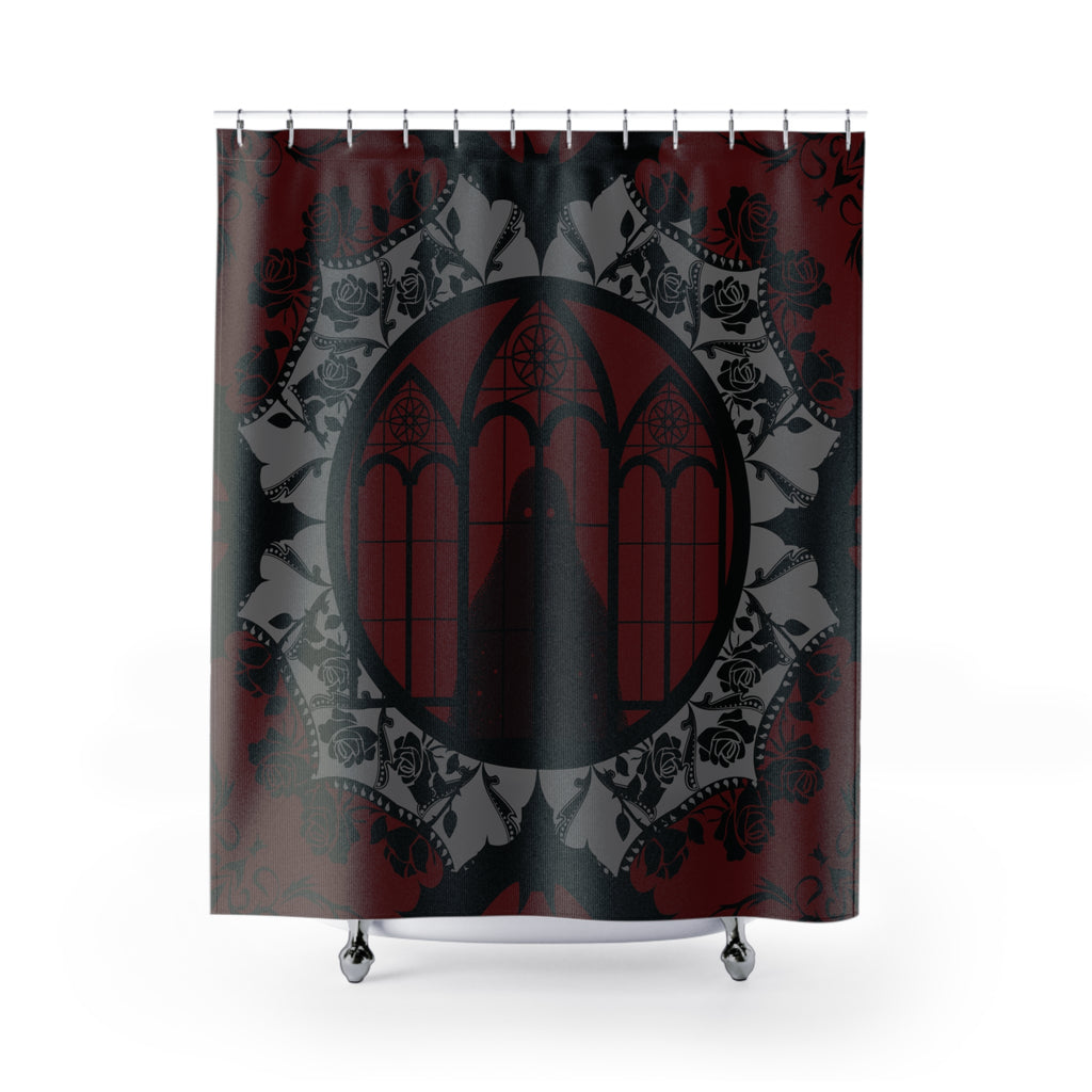 Gothic Cathedral Bats Shower Curtain — Crimson Rose Mandala Bathroom Decor