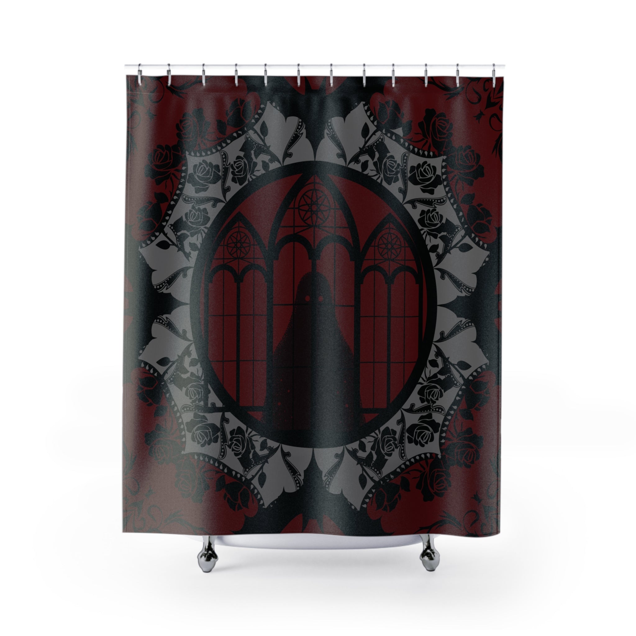 Gothic Cathedral Bats Shower Curtain — Crimson Rose Mandala Bathroom Decor