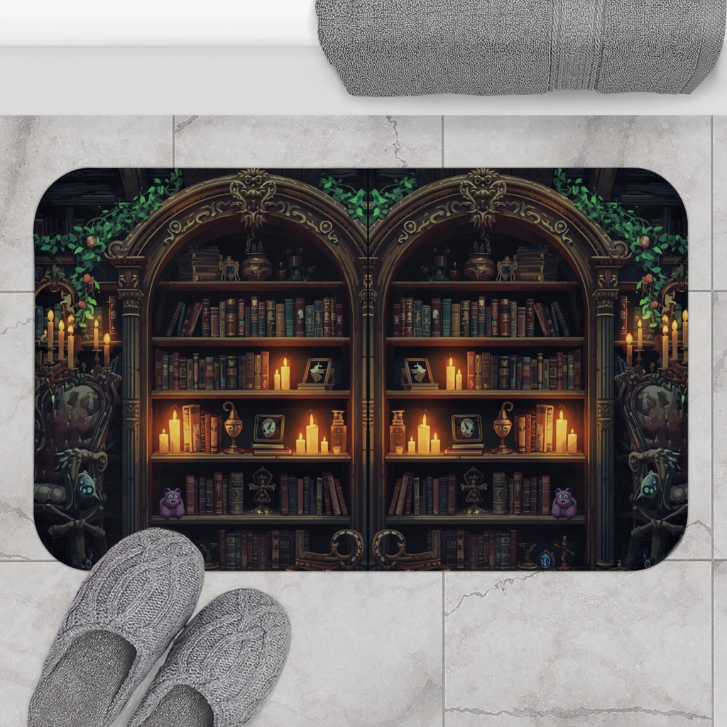 Gothic bath mat with two mirrored ornate arched bookcases filled with candlelit shelves, aged books, potion vessels, and small fantastical creatures with ivy draping displayed on marble tile flooring