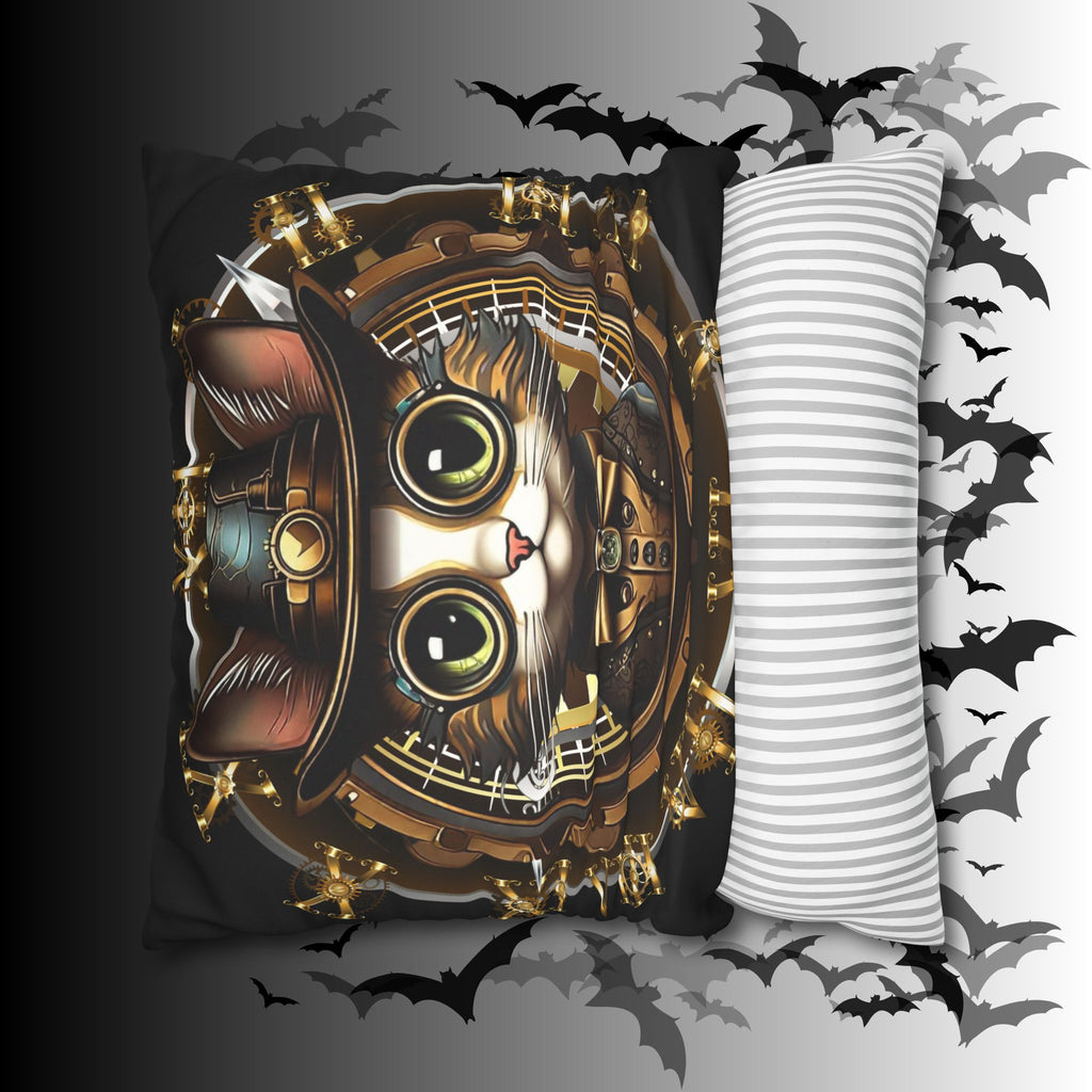 Steampunk Cat Throw Pillow — Vintage Industrial Gothic Home Decor