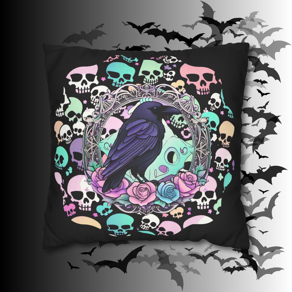 Pastel Goth Raven Skull Throw Pillow — Dark Floral Gothic Home Decor