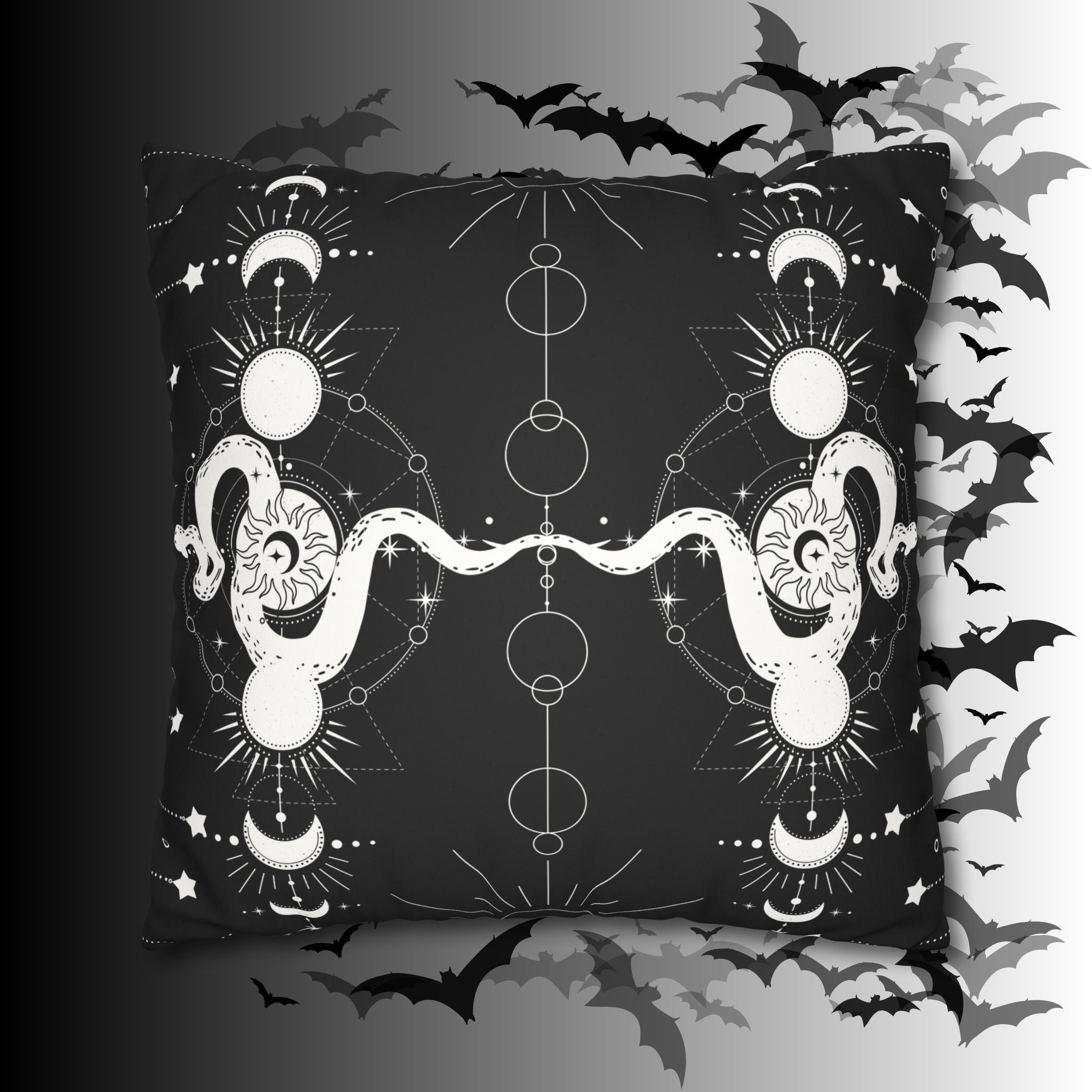 Celestial Snake Moon Phases Throw Pillow — Witchy Gothic Dark Home Decor