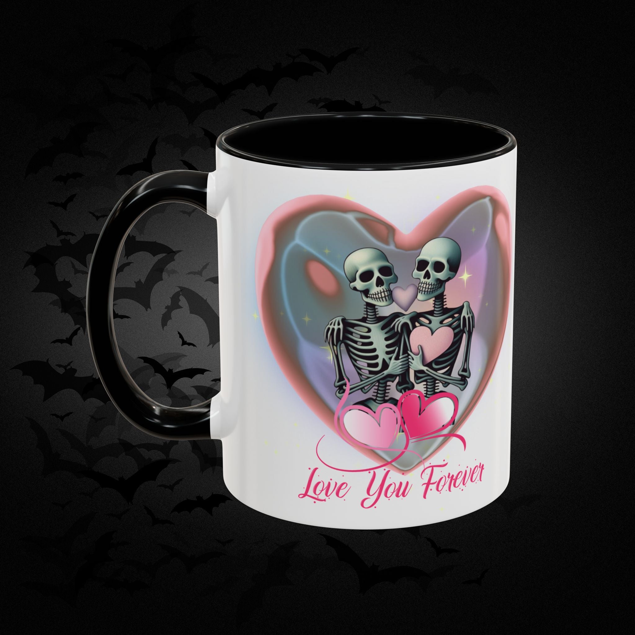 Love You Forever Valloween Coffee Mug — Skeleton Couple Heart Design (11/15oz)