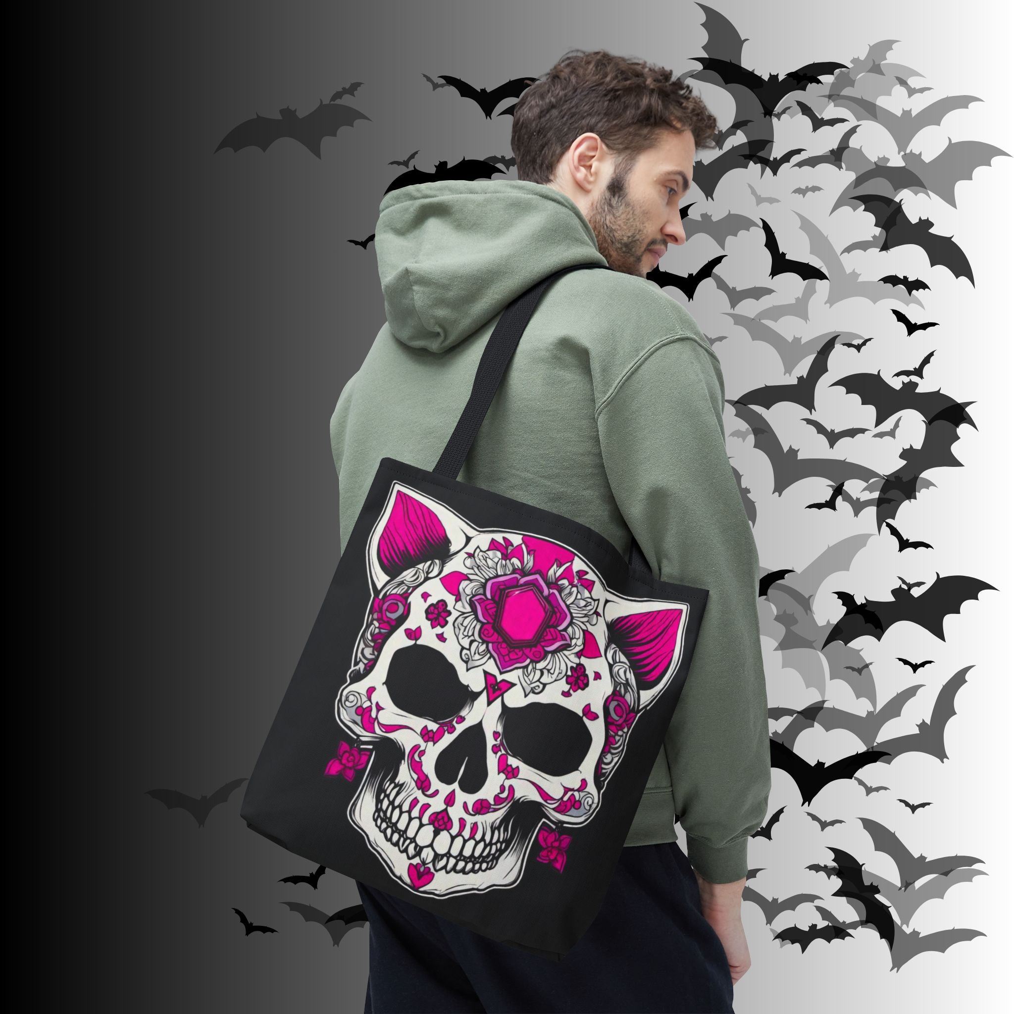 Pink Sugar Skull Cat Tote Bag — Day of the Dead Floral Design