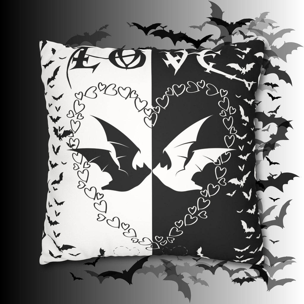Gothic Bats Heart Throw Pillow — Black White Halloween Dark Home Decor