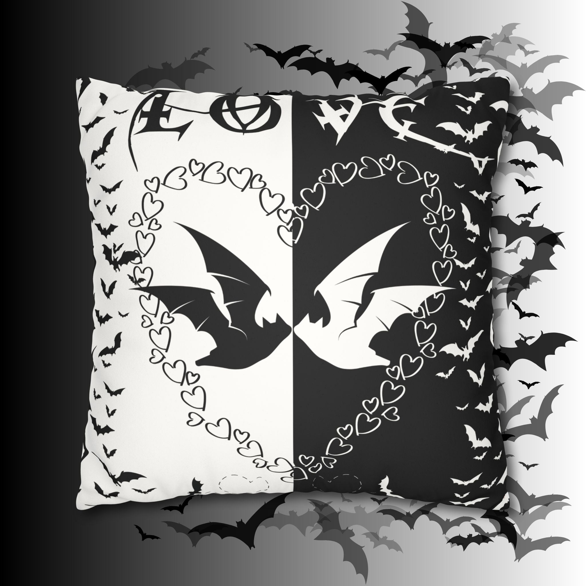 Gothic Bats Heart Throw Pillow — Black White Halloween Dark Home Decor