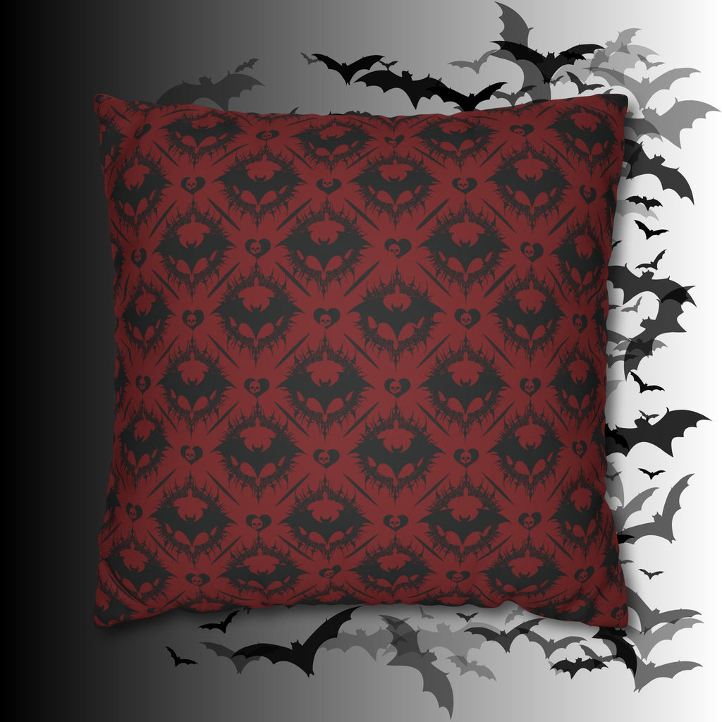 Gothic Bat Diamond Pattern Throw Pillow — Dark Red Damask Home Decor
