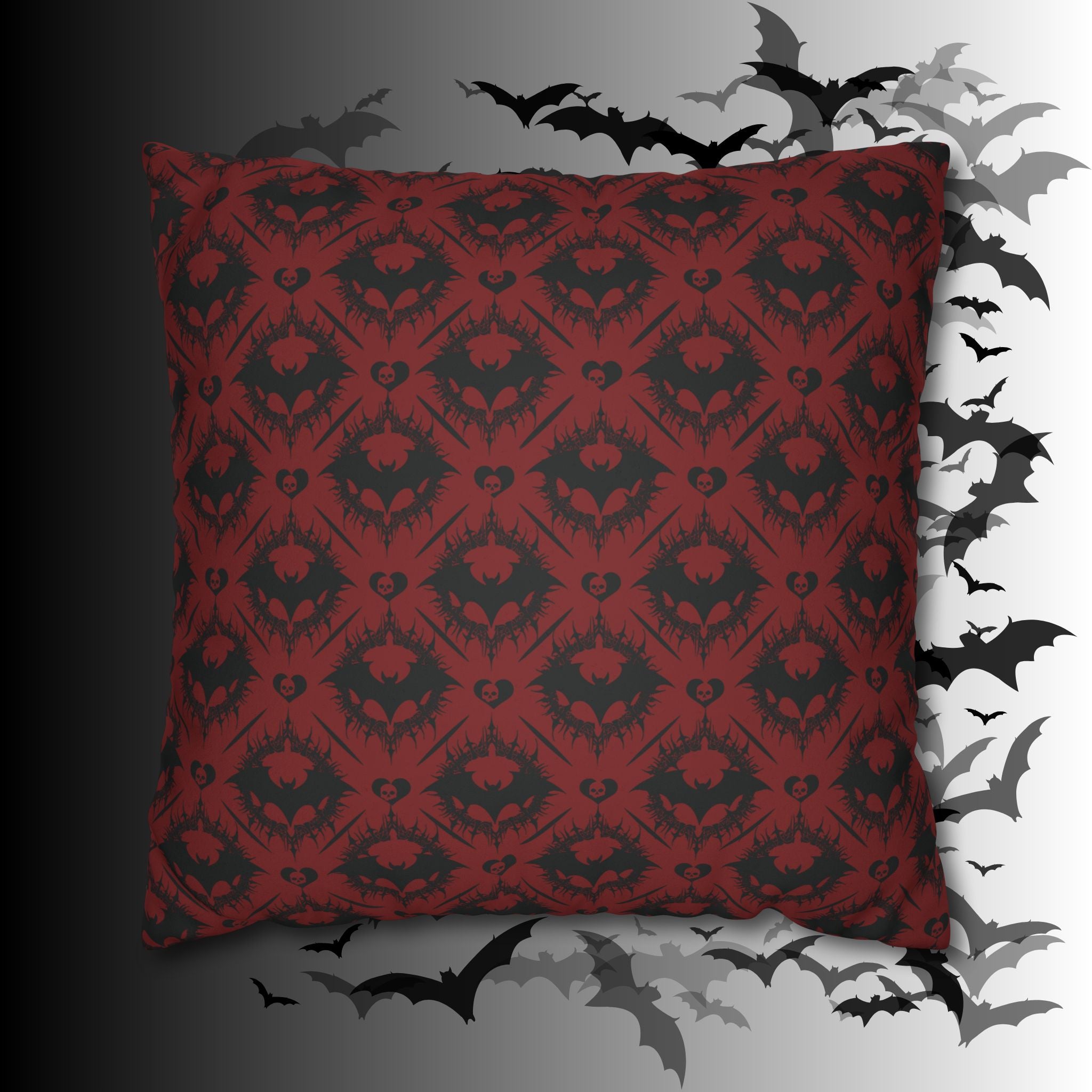 Gothic Bat Diamond Pattern Throw Pillow — Dark Red Damask Home Decor