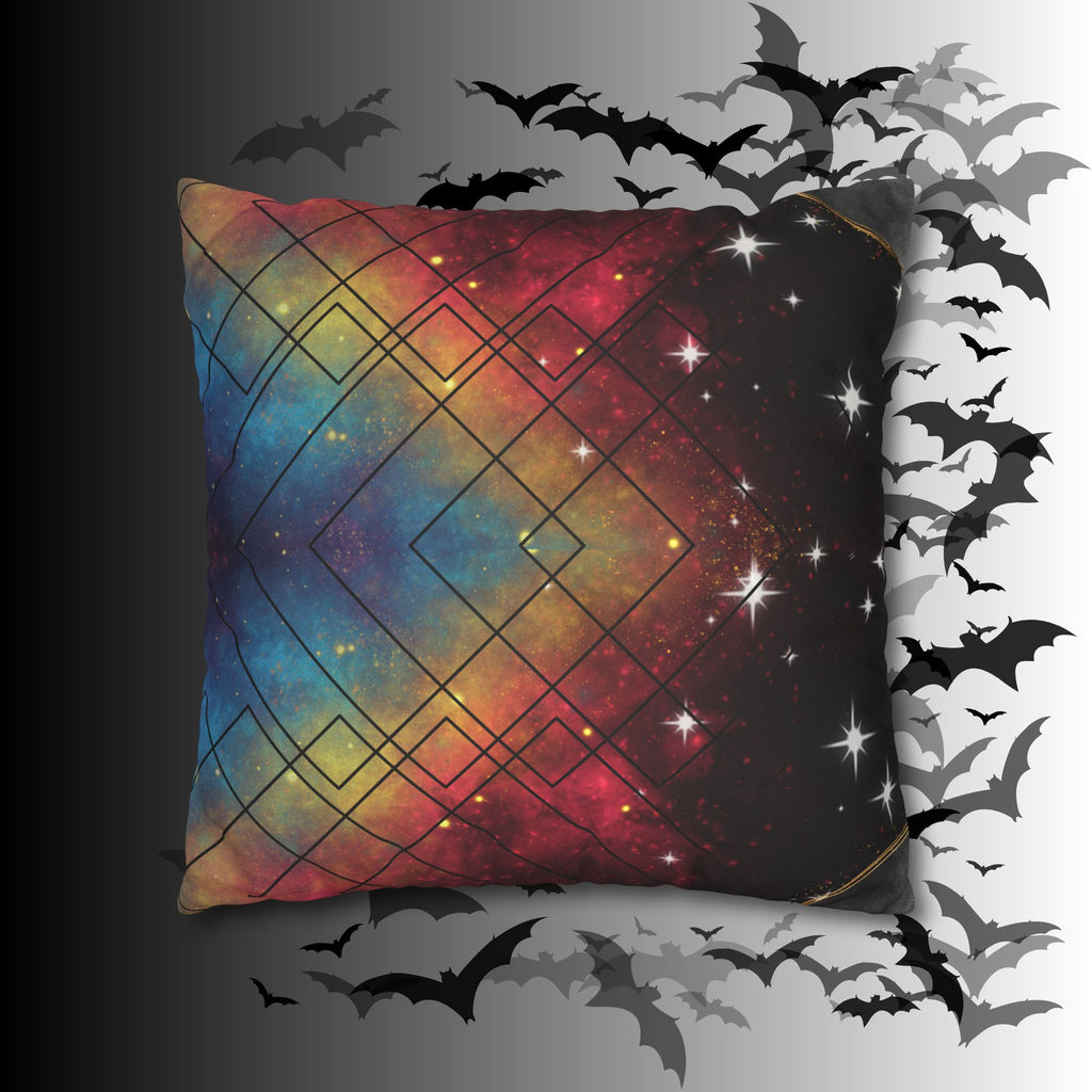 Rainbow Galaxy Geometric Throw Pillow — Celestial Cosmic Dark Home Decor