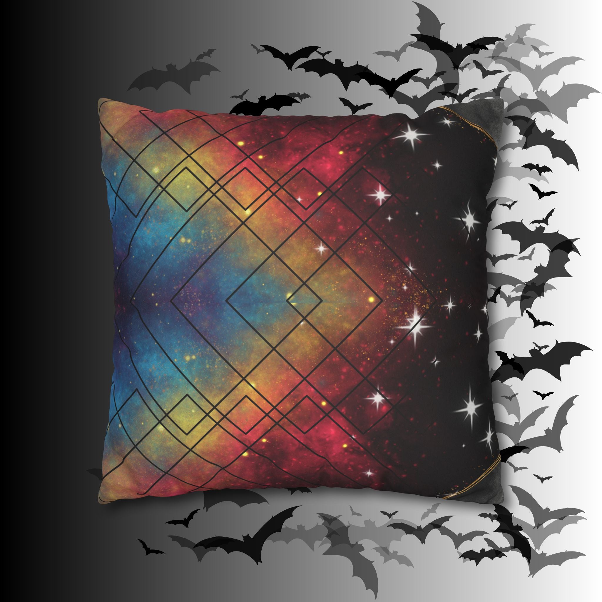 Rainbow Galaxy Geometric Throw Pillow — Celestial Cosmic Dark Home Decor