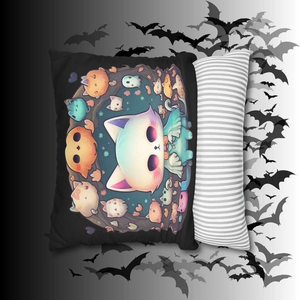 Creepy Cute Kawaii Ghost Cat Throw Pillow — Pastel Goth Dark Home Decor
