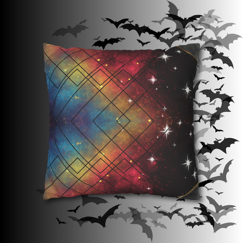 Rainbow Galaxy Geometric Throw Pillow — Celestial Cosmic Dark Home Decor