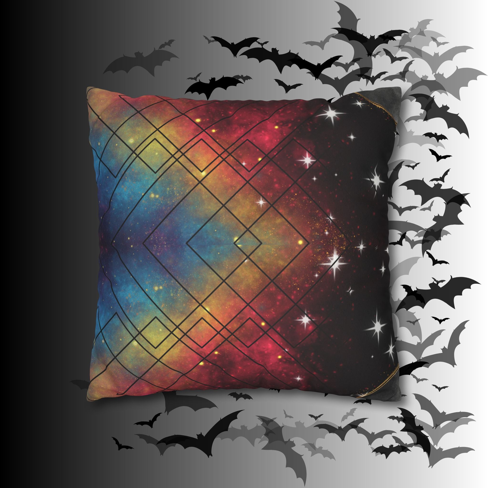 Rainbow Galaxy Geometric Throw Pillow — Celestial Cosmic Dark Home Decor