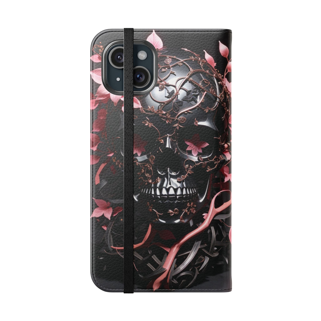 Pink Pastel Goth Skull Flip Wallet Phone Case - Skull Wallet Case for Samsung iPhone - Gothic Style Skull Wallet Phone Cases