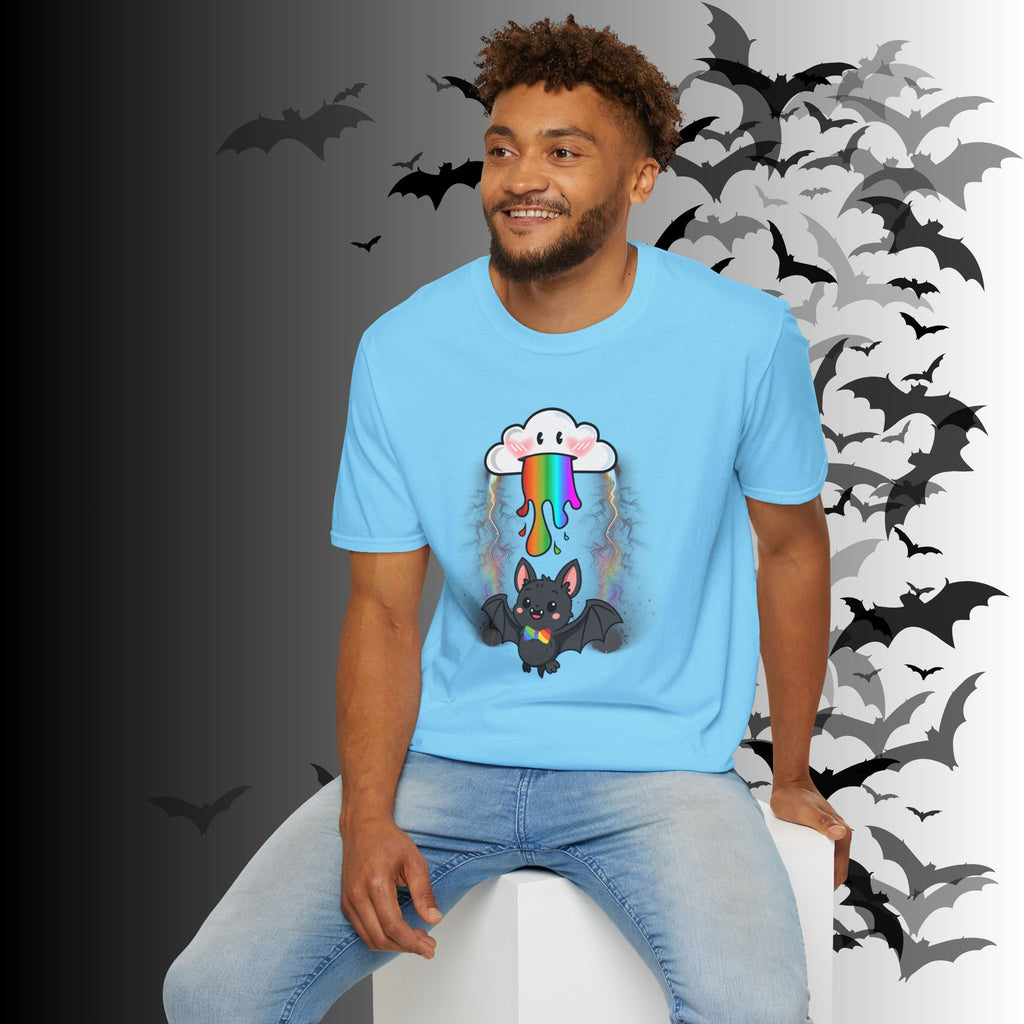 Rainbow Vomit Cloud Bat T-Shirt — Kawaii Goth Pride Unisex Tee
