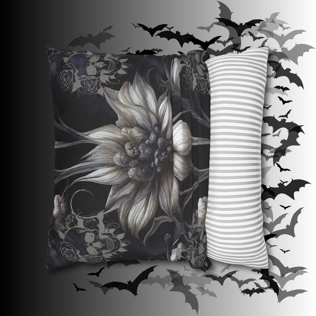 Gothic Skull Botanical Sunflower Throw Pillow — Dark Floral Home Decor